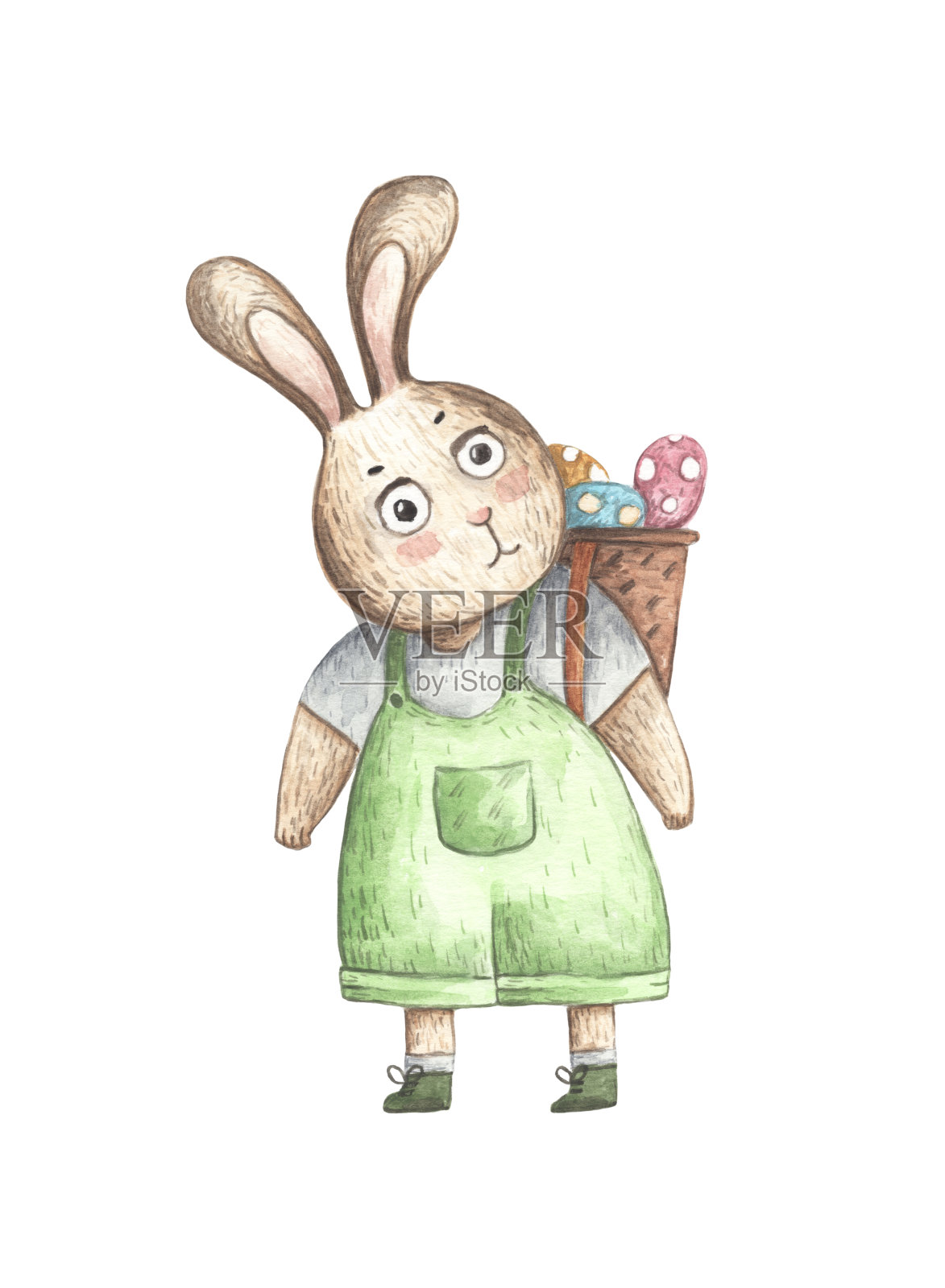 复活节兔子的背上有一个装满鸡蛋的篮子。设计元素图片