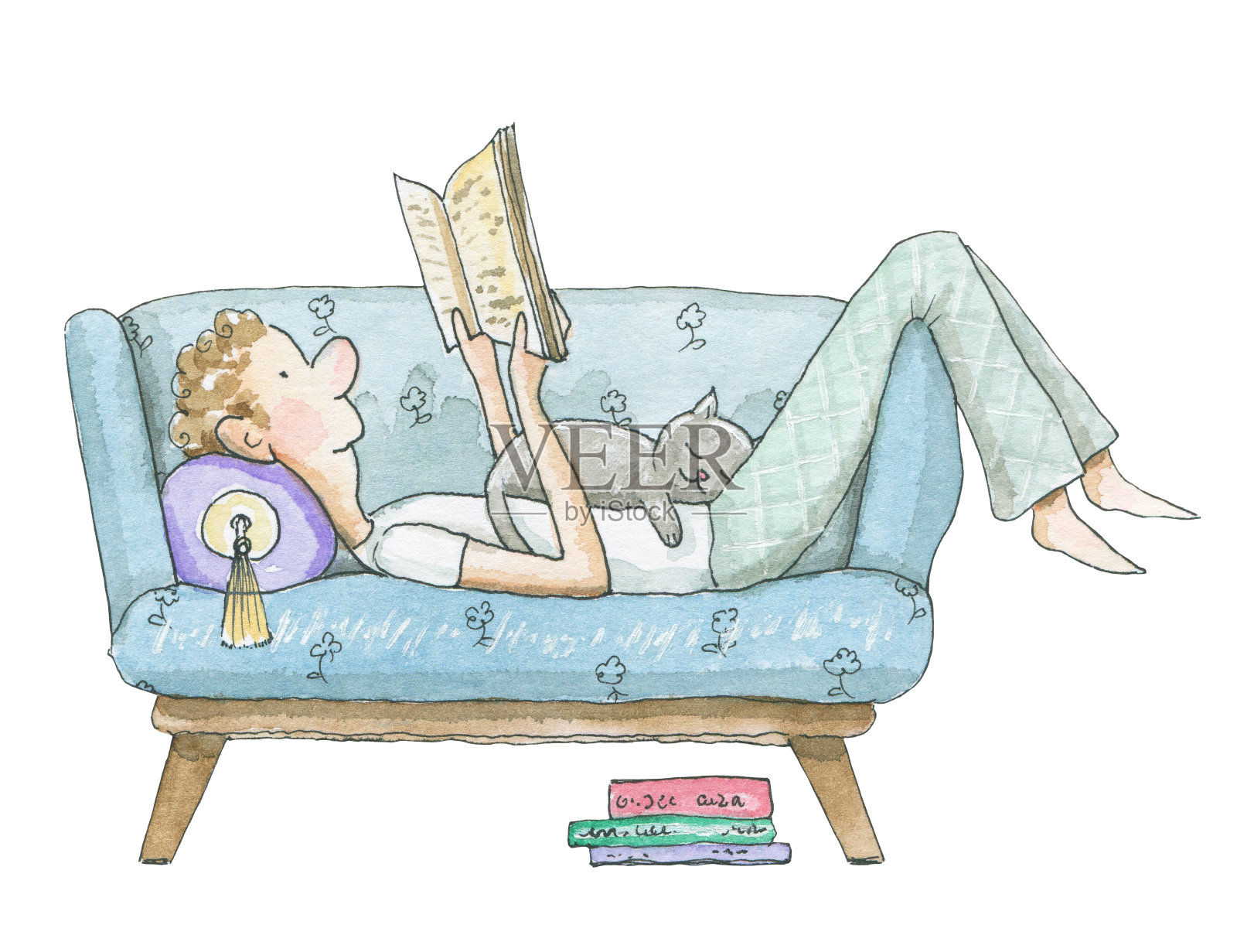 水彩画男孩躺在沙发上看书插画图片素材