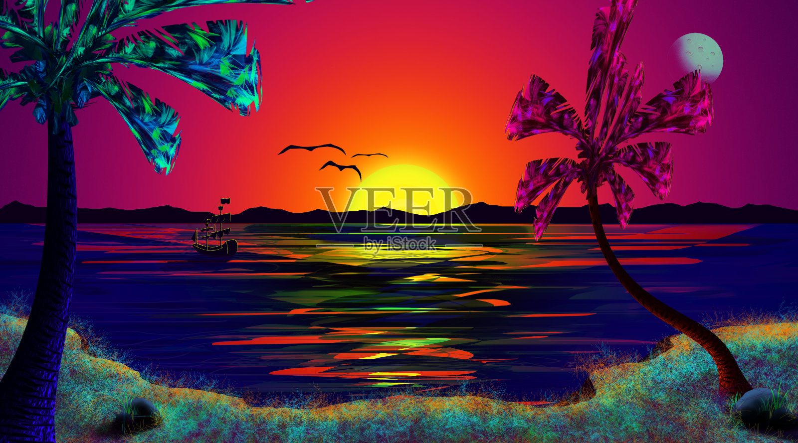 美丽的热带日落，夜空，大海景观墙纸设计插画图片素材