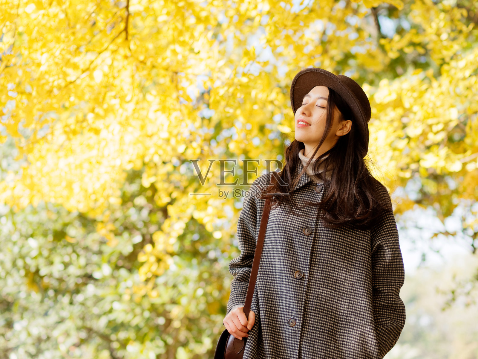 年轻的中国妇女的肖像穿着时尚的外套和帽子与金色的秋天森林背景在公园，提着一个包。可爱的女孩心情好，在秋日摆姿势，享受好天气。照片摄影图片