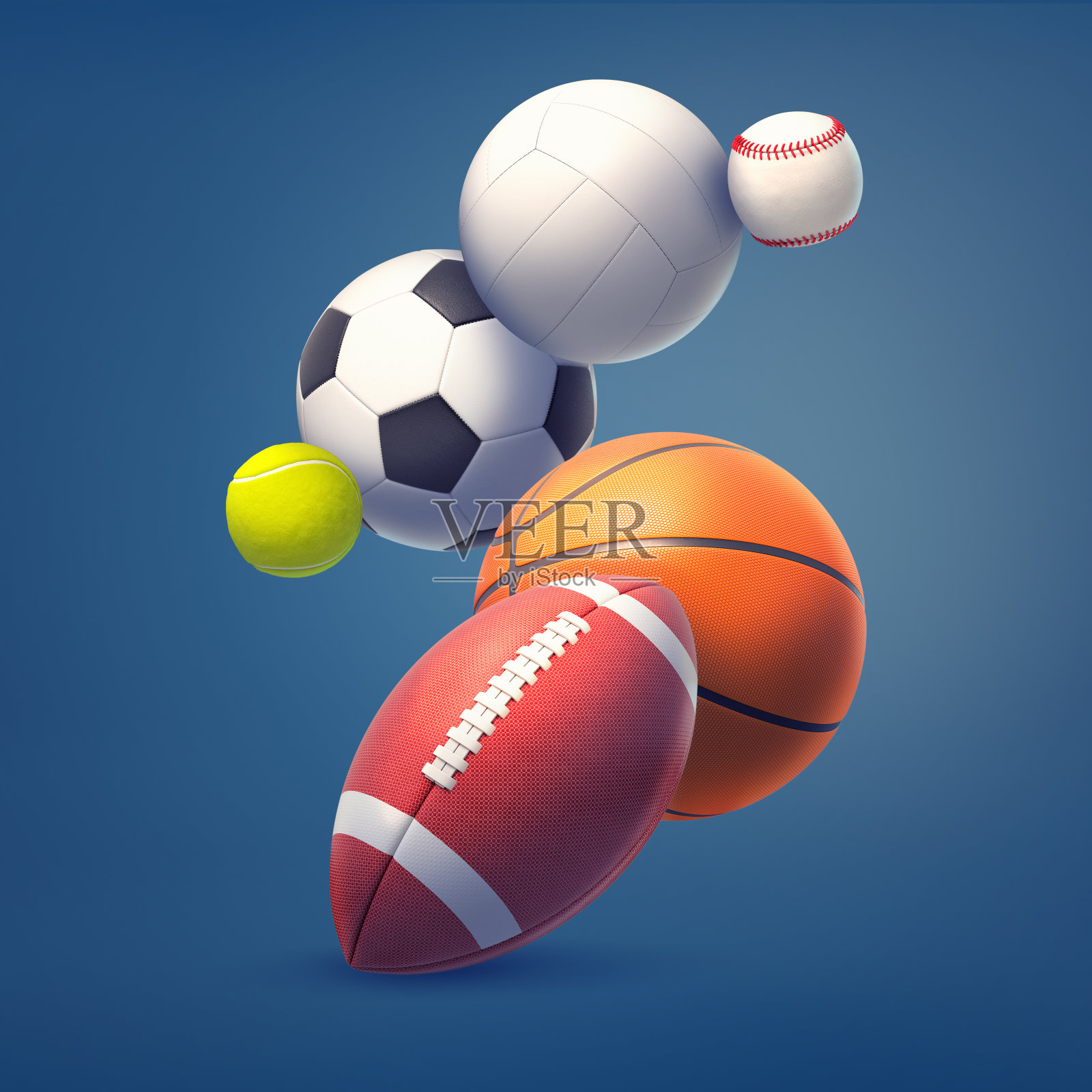 一些运动游戏球的收集的3d渲染，如足球，足球和网球，飞行在一个深蓝色的背景。插画图片素材