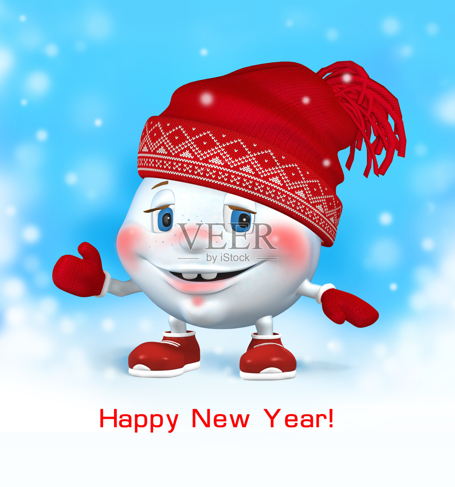 雪球。冬天戴着红色圣诞帽的雪人。新年。3 D演示。设计元素图片