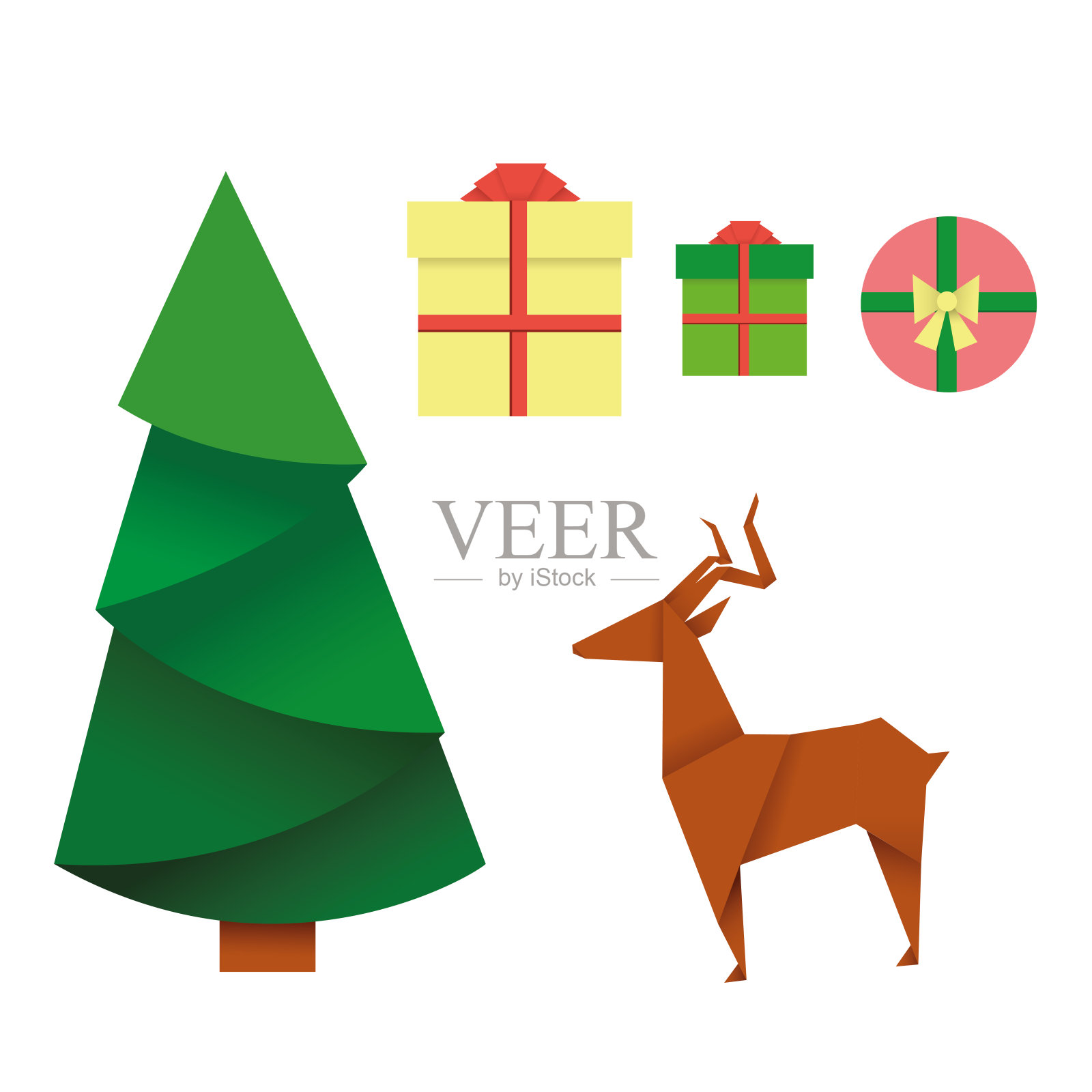 圣诞树，鹿，纸制礼盒插画图片素材