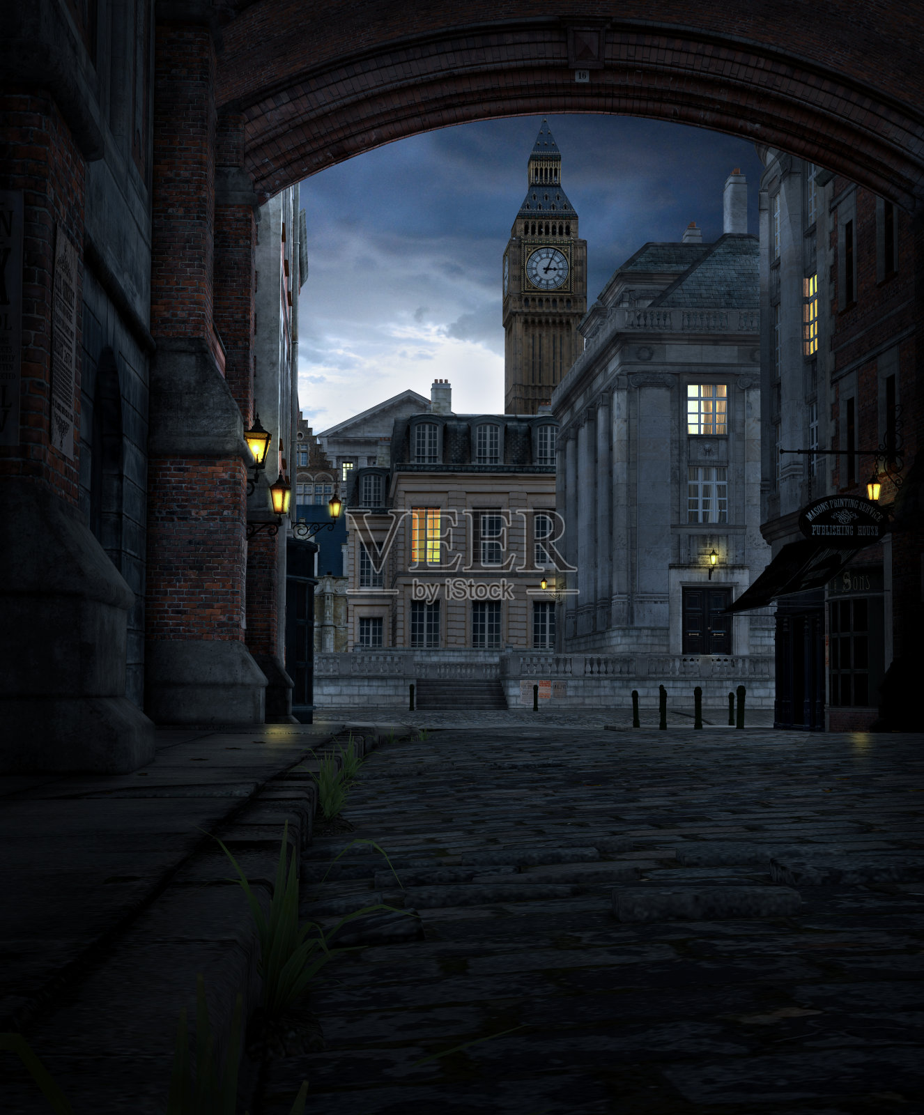 夜晚的伦敦街与19世纪的城市建筑照片摄影图片