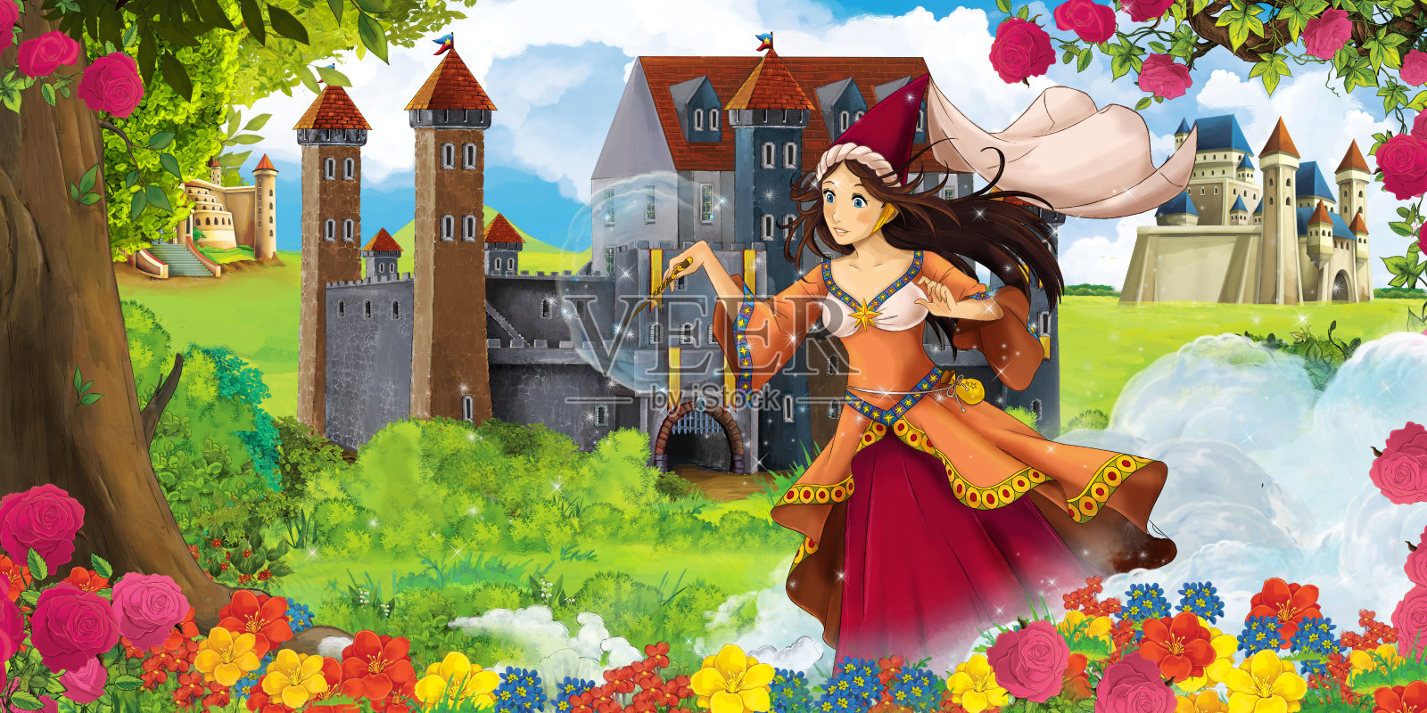 卡通自然场景与美丽的城堡附近的森林与美丽的年轻公主女巫插画图片素材