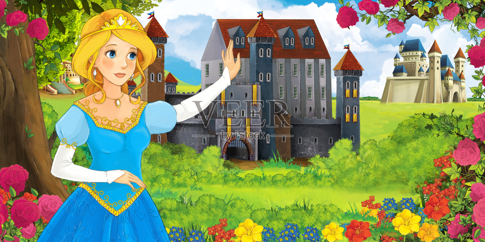卡通自然场景与美丽的城堡附近的森林和美丽的年轻公主插画图片素材