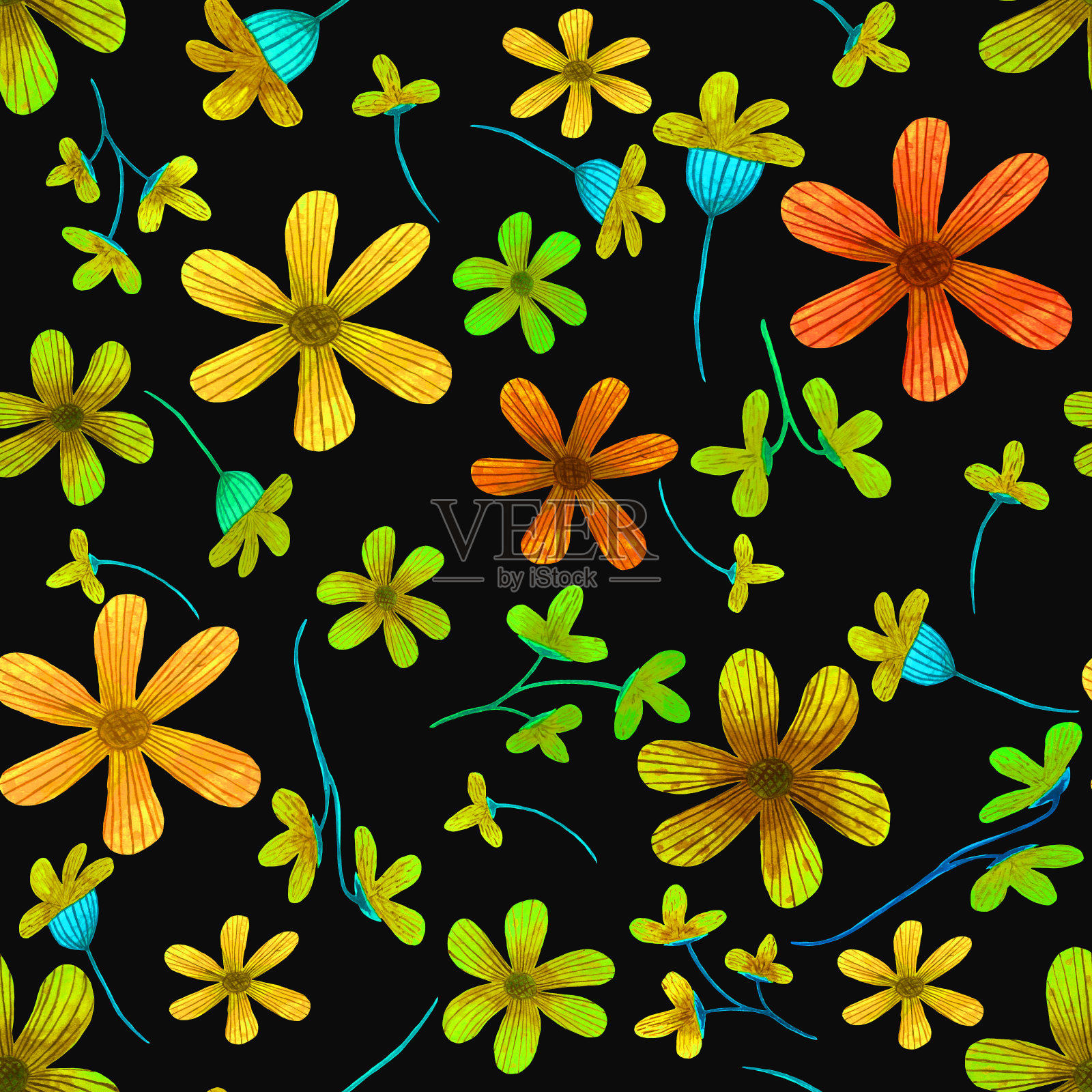 黄色和橙色的花与水彩插画图片素材