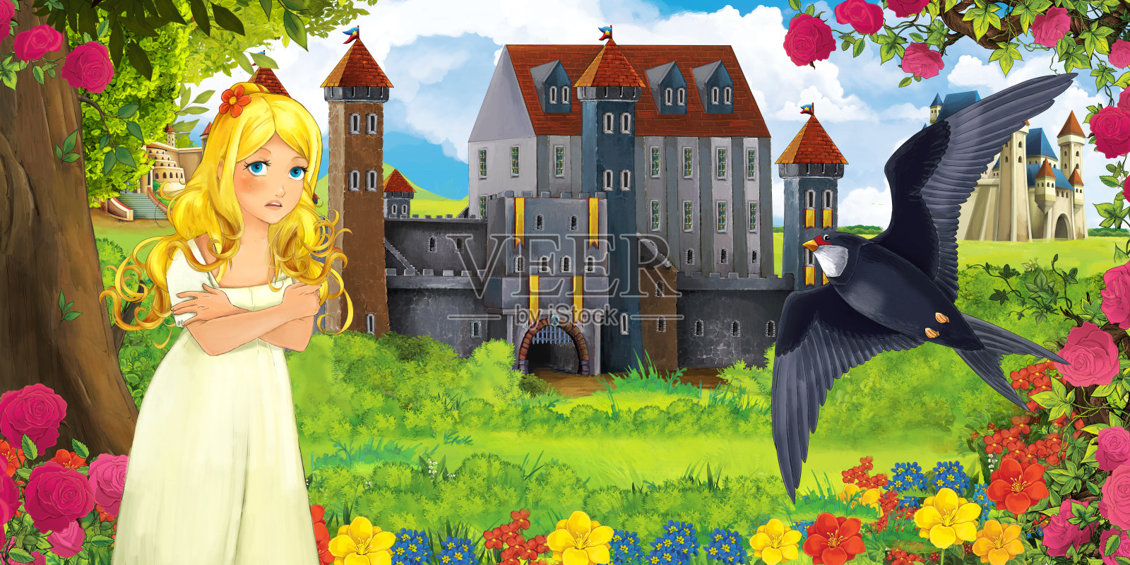 卡通自然场景与美丽的城堡附近的森林和休息的杜鹃鸟和年轻的女孩看插画图片素材