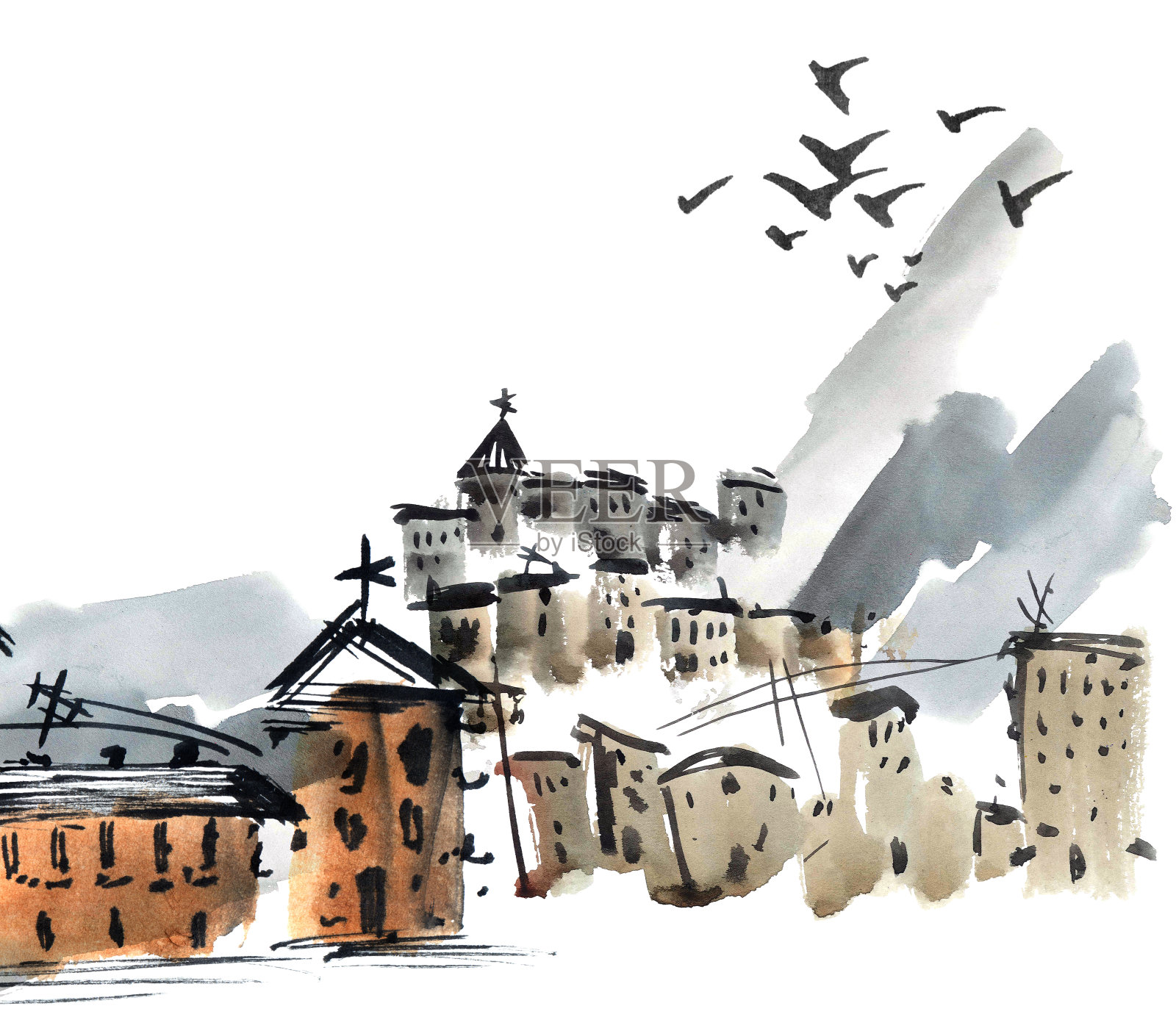 中国古镇景观插画图片素材