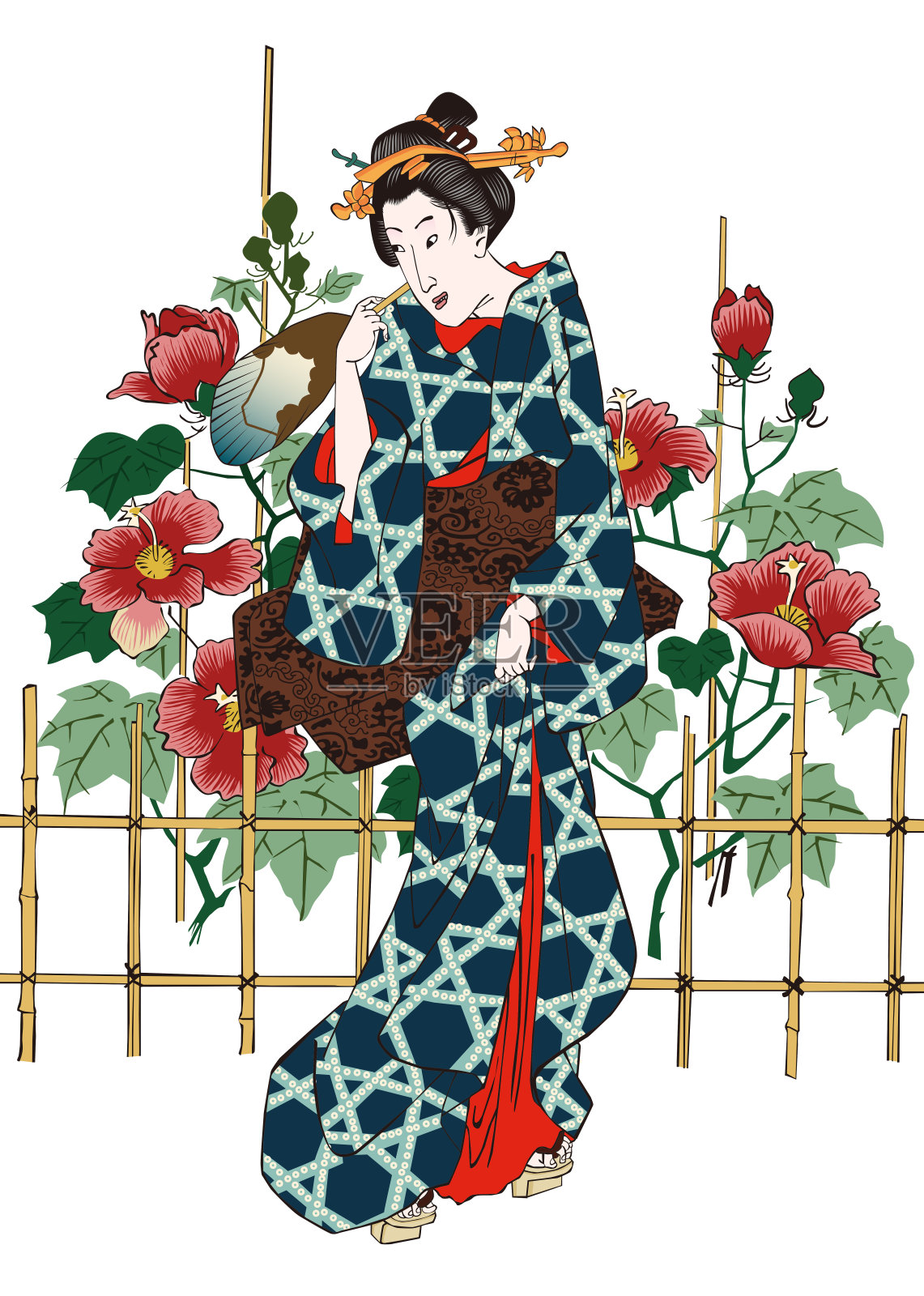 浮世绘“四季花园”芙蓉插画图片素材
