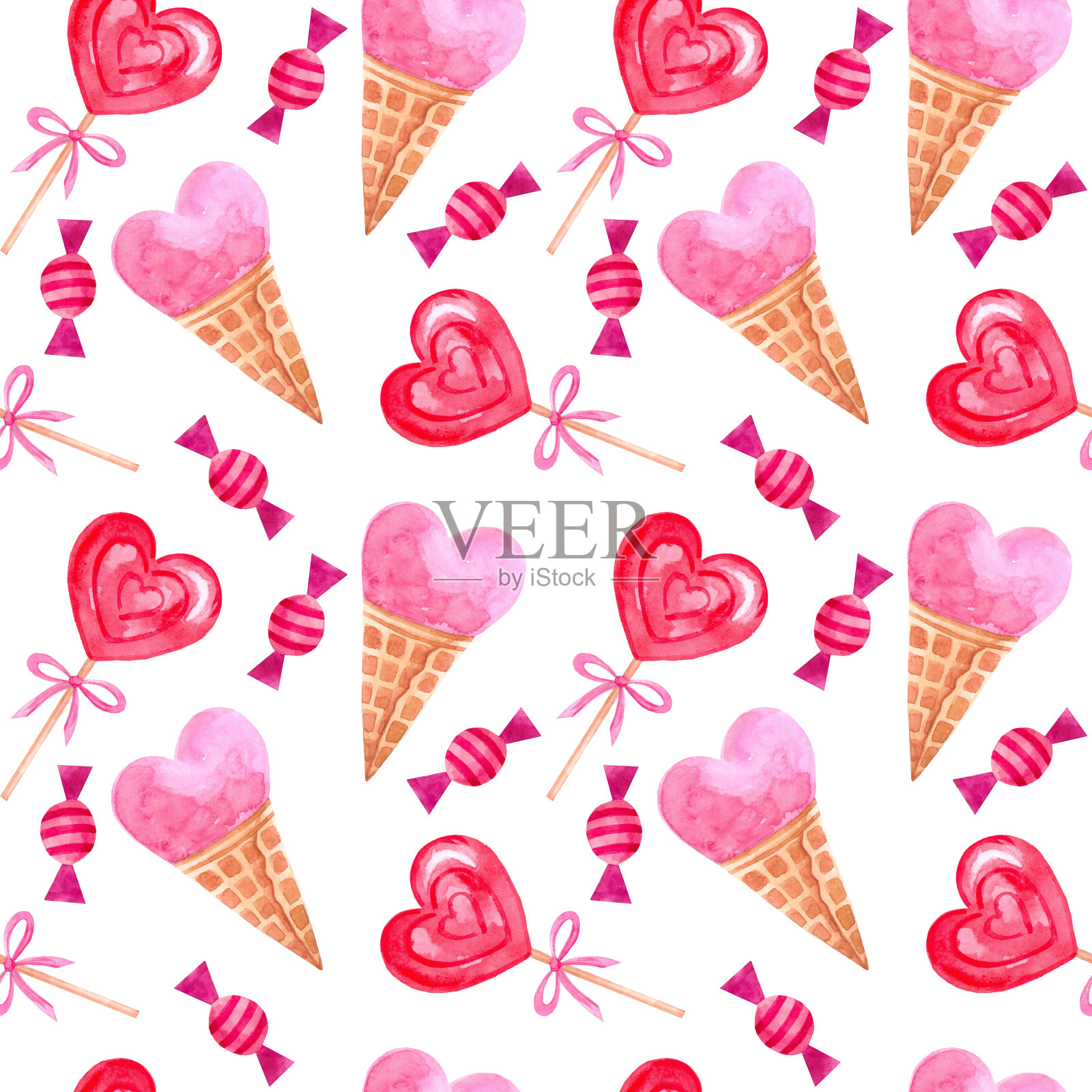 无缝水彩图案的情人节棒棒糖，冰淇淋和糖果。理想的包装纸，织物，背景，壁纸插画图片素材