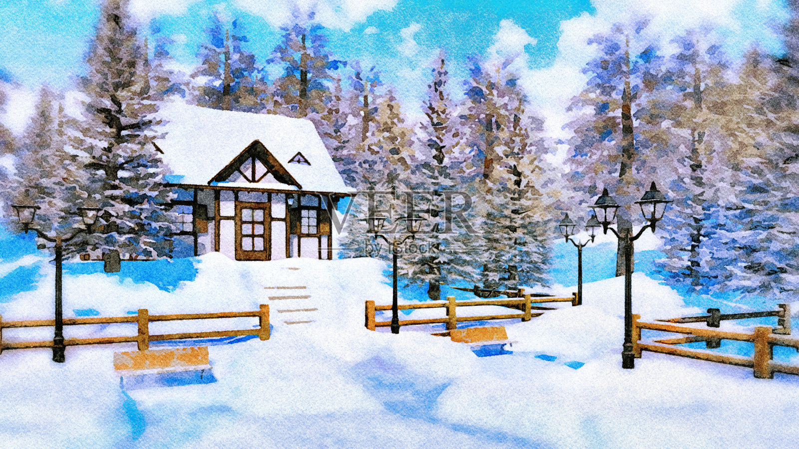 冬日里，水彩画中舒适的被雪封住的房子插画图片素材