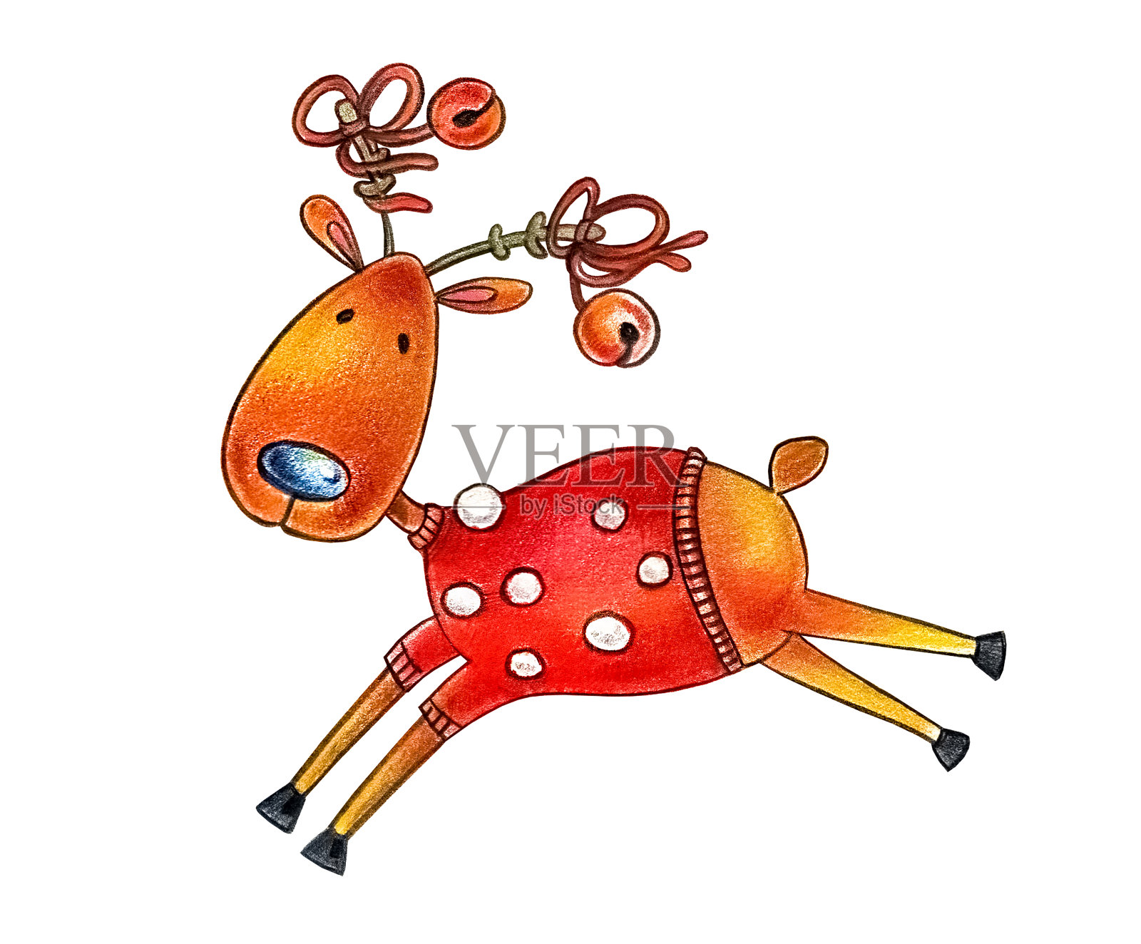 卡通鹿与玩具的角和红色毛衣与白色圆点插画图片素材