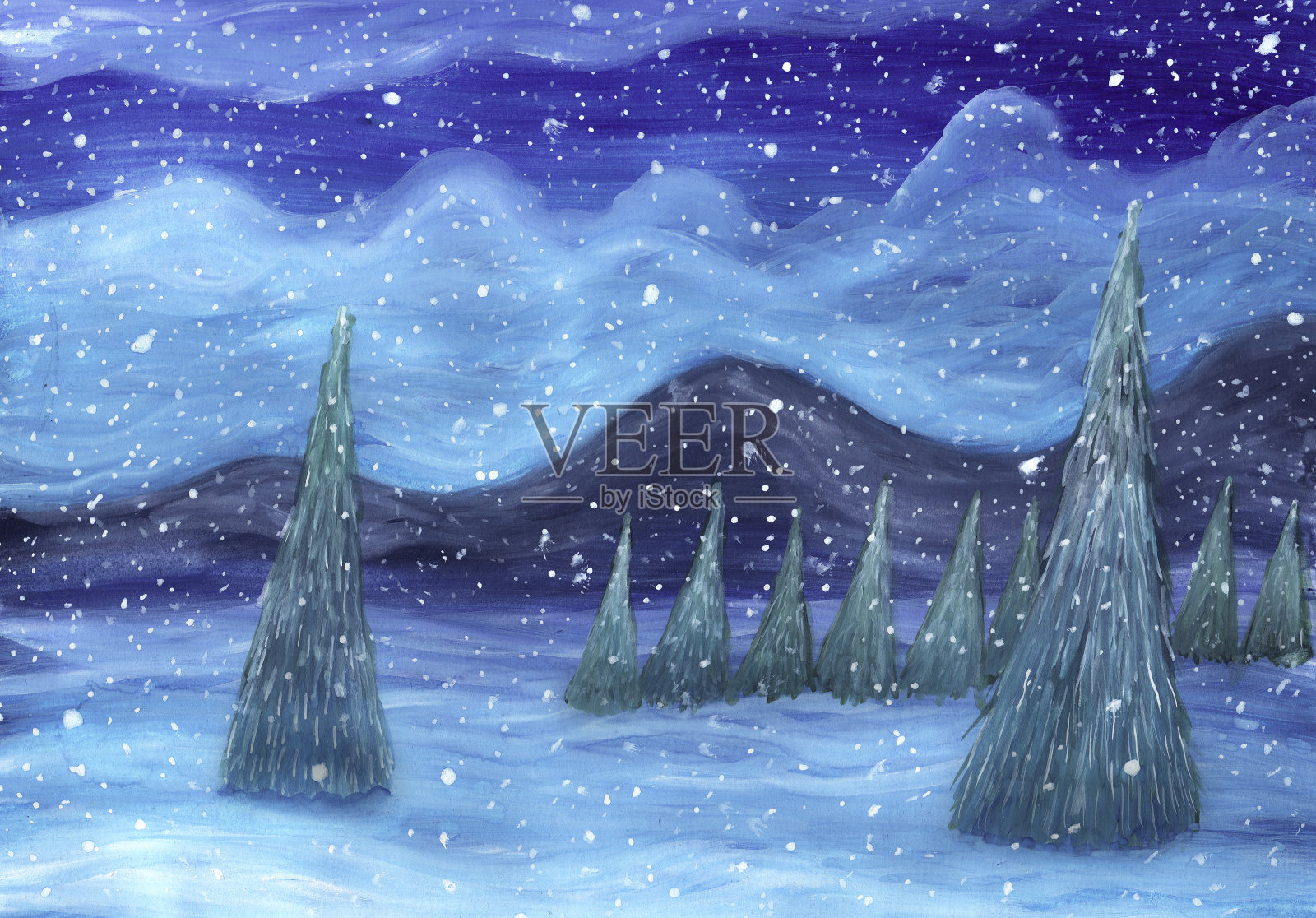 冬天的水粉风景画。雪下降。雪山中的冷杉树在夜晚插画图片素材