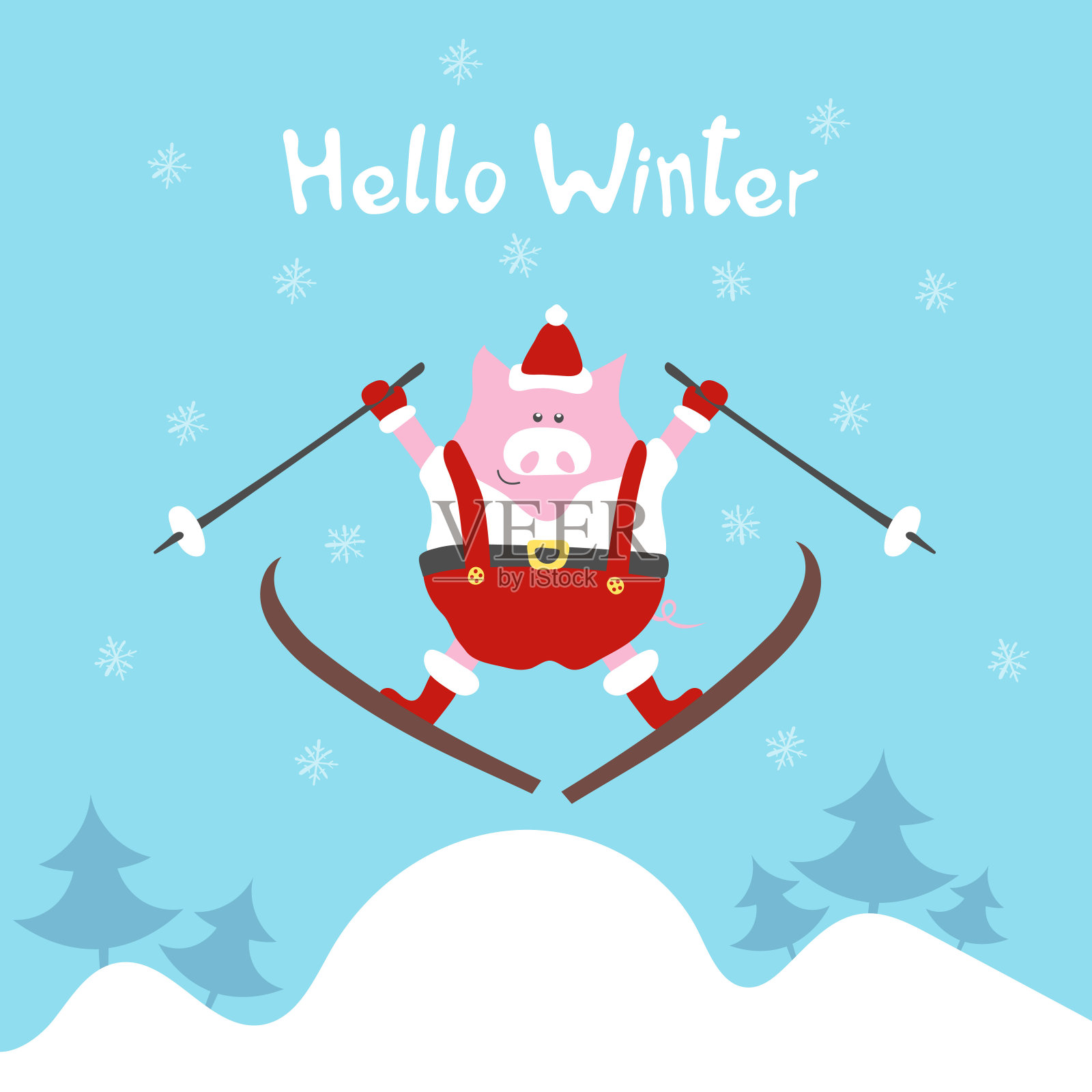 可爱的卡通粉红猪，中国2019年的象征。婴儿书籍平面设计页面。滑稽的小猪戴着圣诞老人的帽子在滑雪。问候卡与字体你好冬天。矢量图插画图片素材