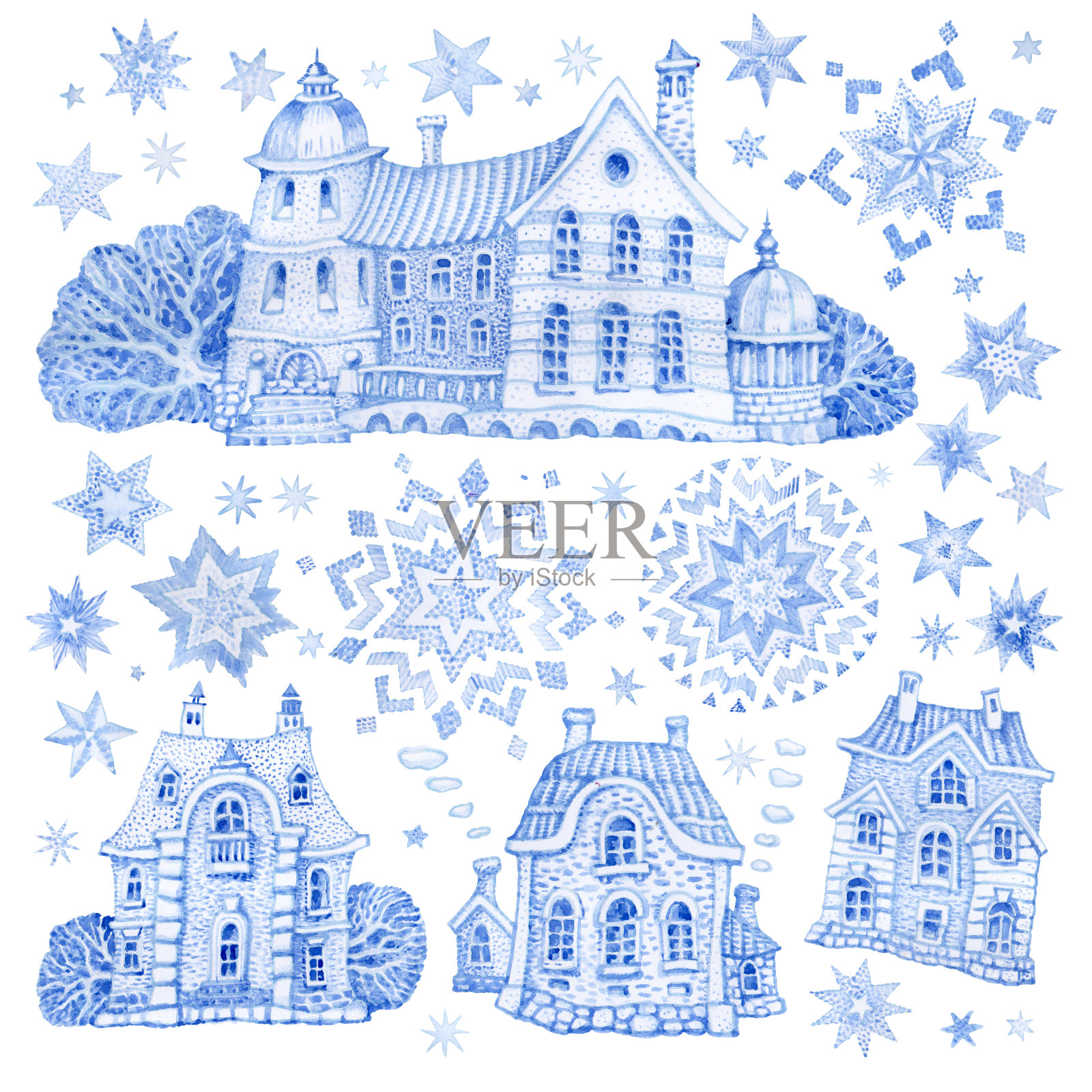 一套幻想的建筑物与圣诞星和雪花。手绘的蓝色水彩童话老城房子孤立在白色的背景。冬季景观t恤印花。、问候卡或请帖插画图片素材