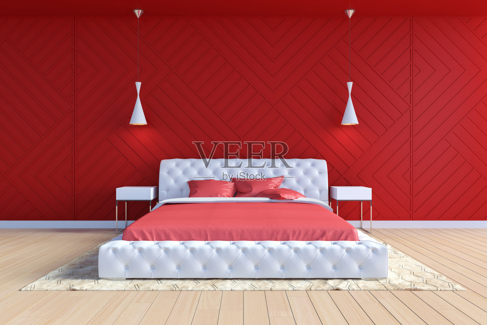 现代现代的卧室室内红色和白色，3D渲染照片摄影图片