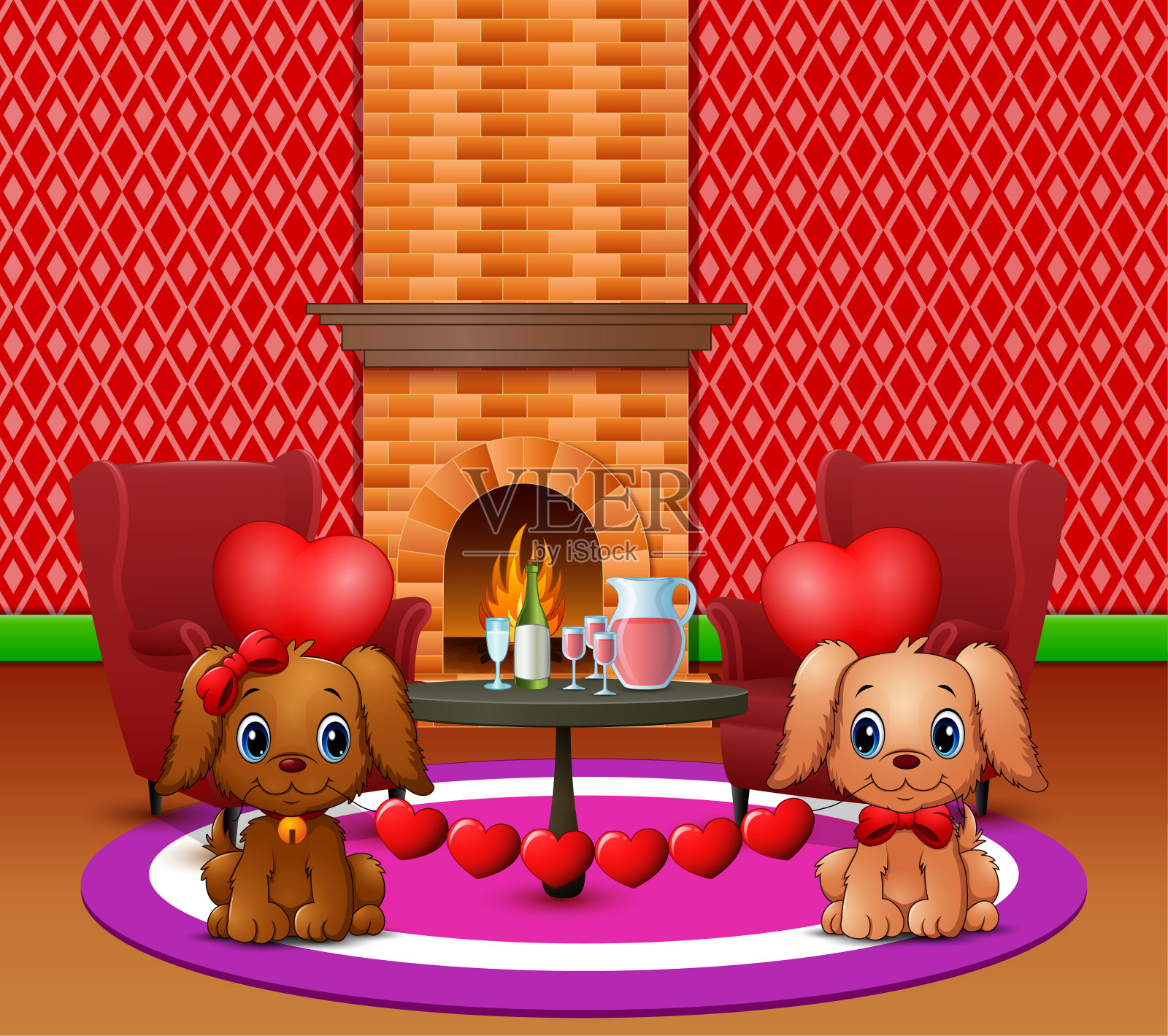 两只狗在浪漫的客厅里咬心形气球插画图片素材