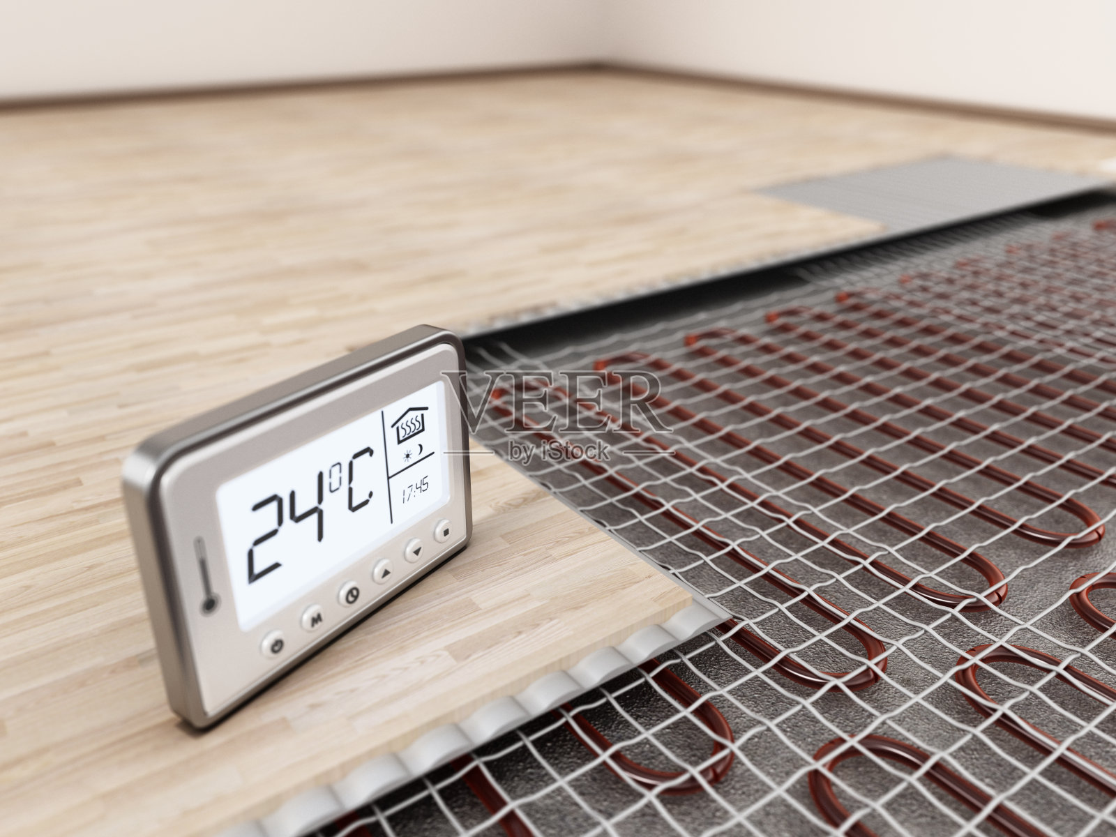 地板采暖系统安装热表显示理想的室温照片摄影图片