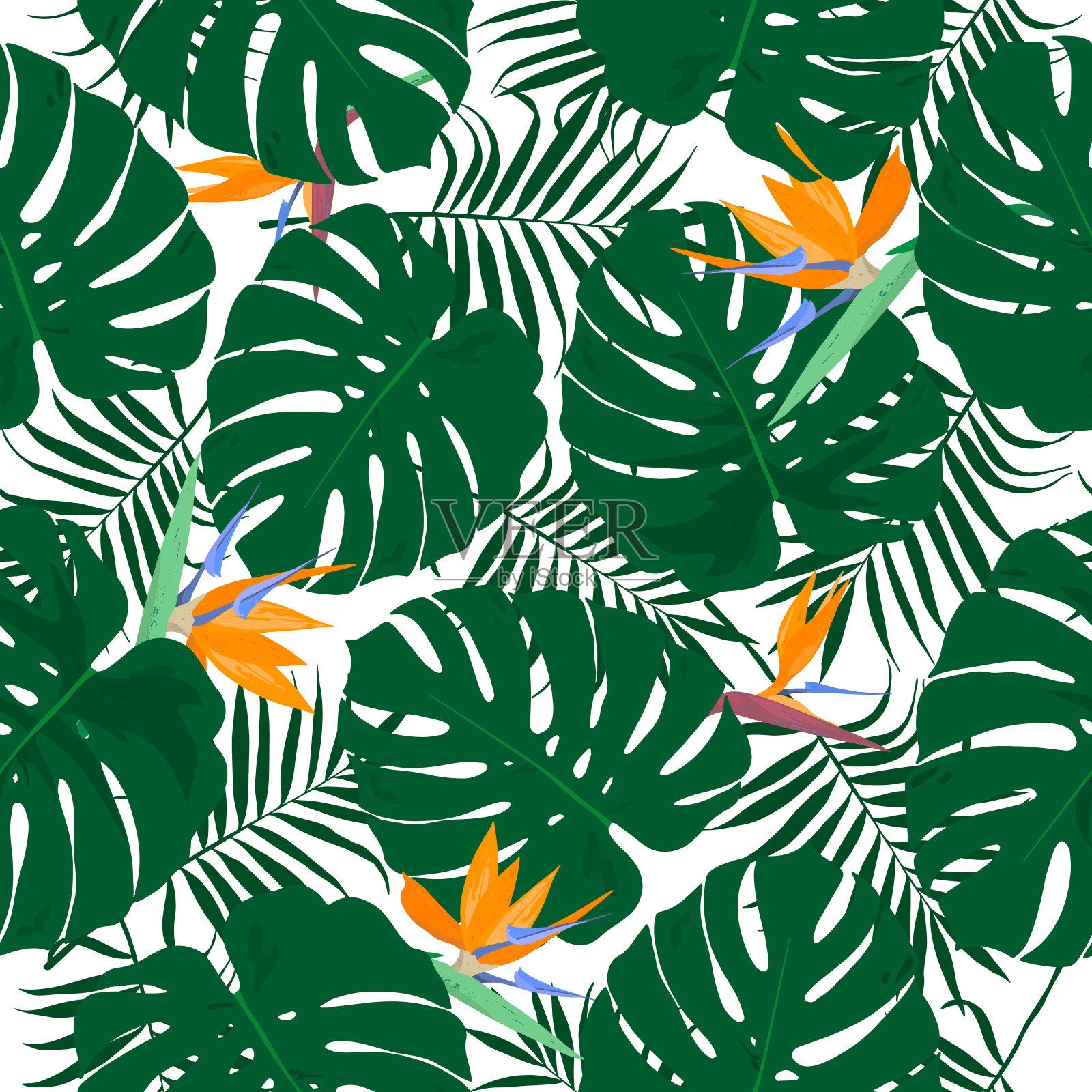 热带丛林无缝模式。手绘的绿色棕榈叶和热带花朵。模板设计，明信片，印刷品，海报，派对，模板，夏季背景，复古纺织品。插画图片素材