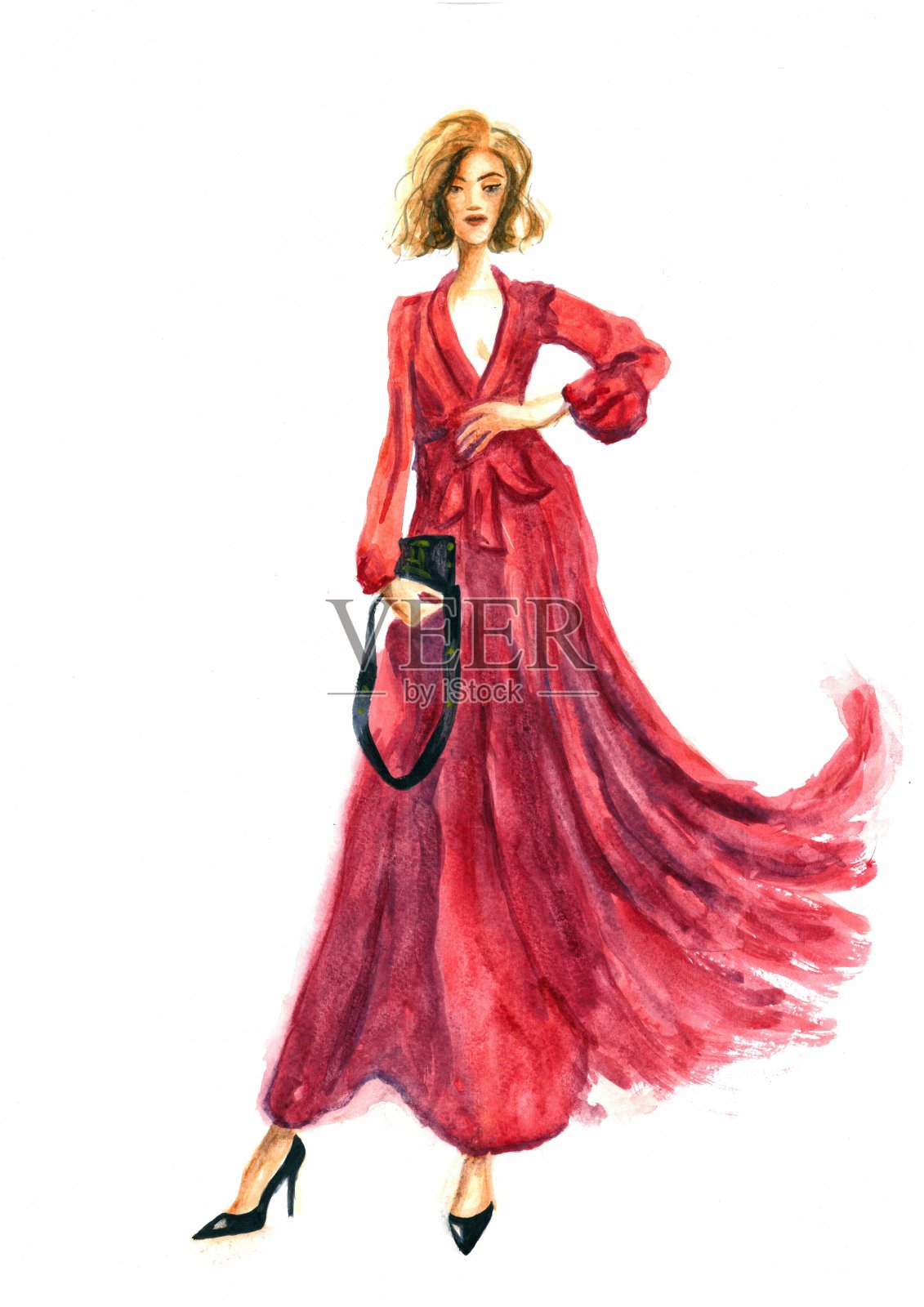 水彩插图的时尚时尚博主在红色的裙子插画图片素材