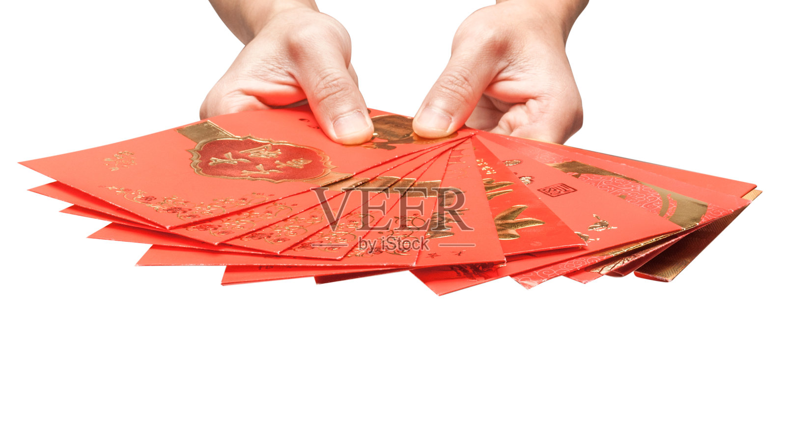 叠红包(或红包)，中国新年和农历新年的概念。中文的意思是“好运”照片摄影图片