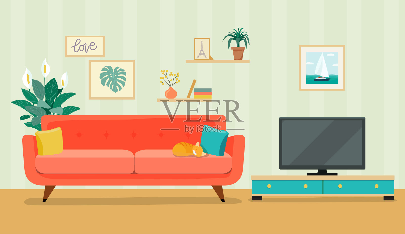 家具:沙发、书柜、电视、图画。客厅内。平面风格矢量插图插画图片素材