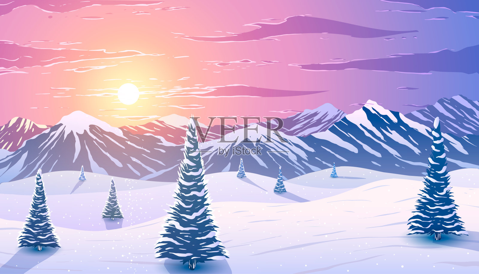 冬天的风景。日落时分，雪山背景上的松树。插画图片素材