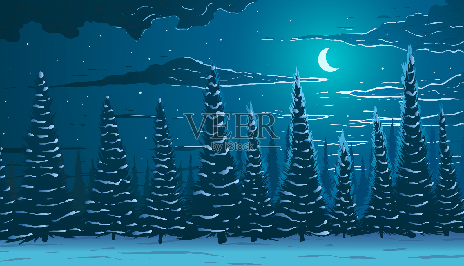 冬天的背景。晚上松树密林。月亮在星星和云之间。插画图片素材