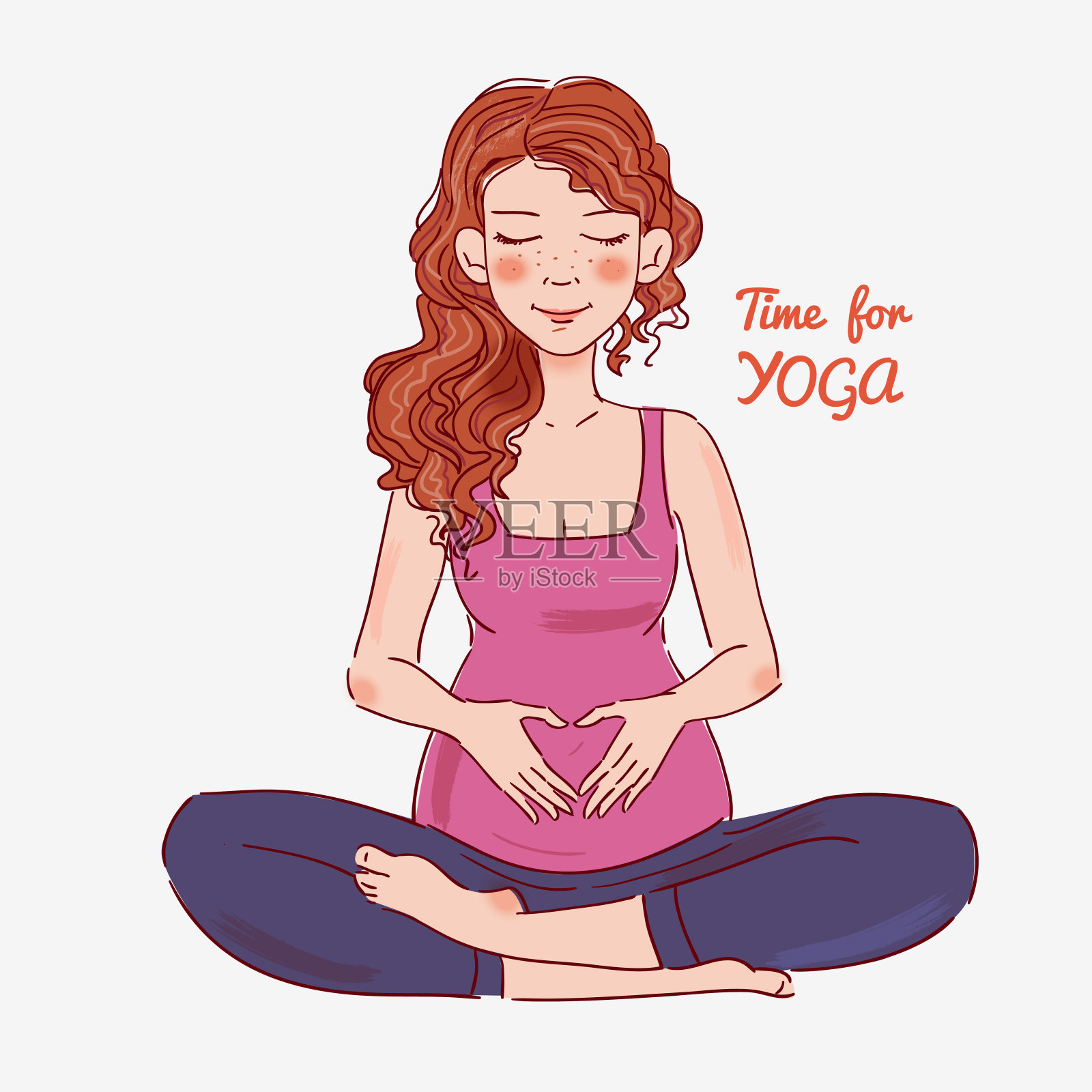 年轻孕妇练习瑜伽插画图片素材