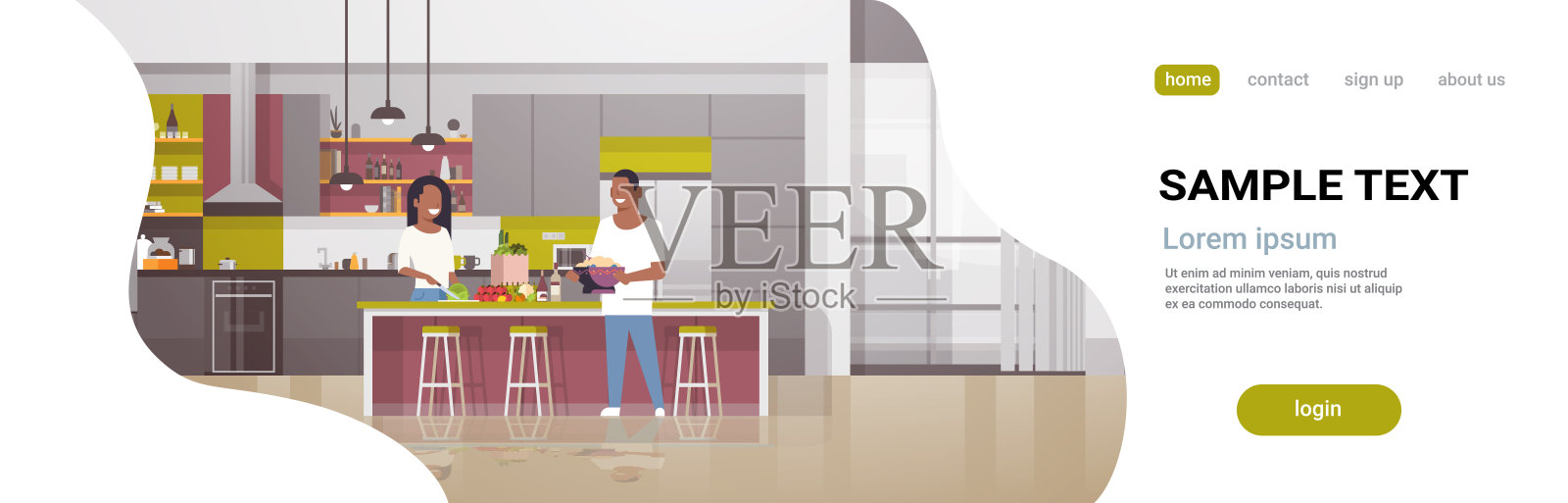 夫妇做晚餐快乐非裔美国人男人女人一起做饭在家里现代厨房室内男性女性全长水平复制空间扁平插画图片素材