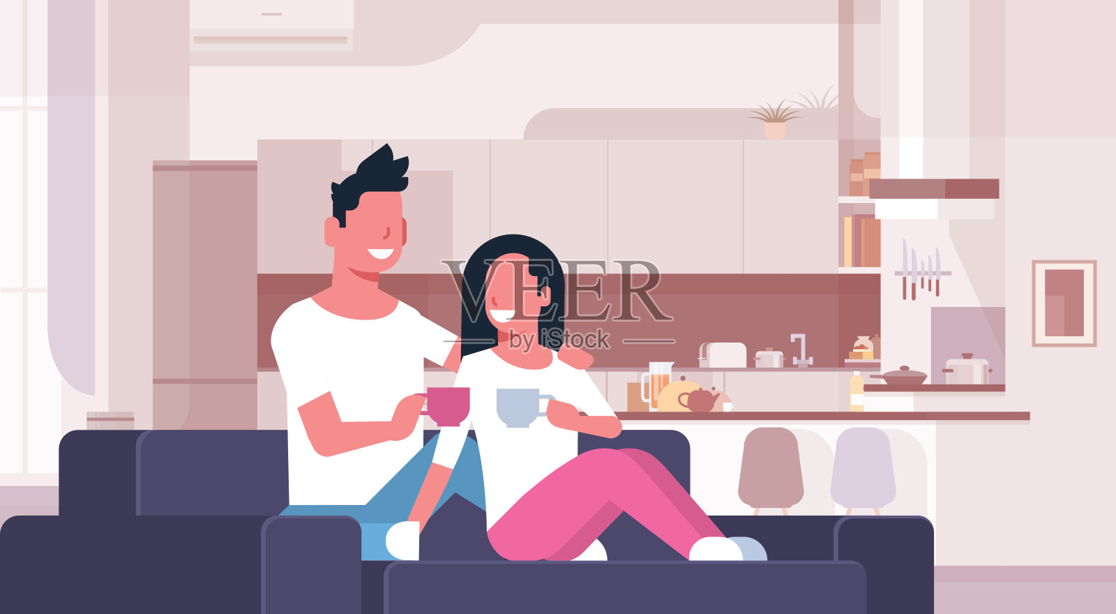 情侣喝着茶，喝着咖啡，男人，女人，坐在沙发上，幸福的恋人交流着现代厨房内部，男，女，卡通人物，全长横着插画图片素材
