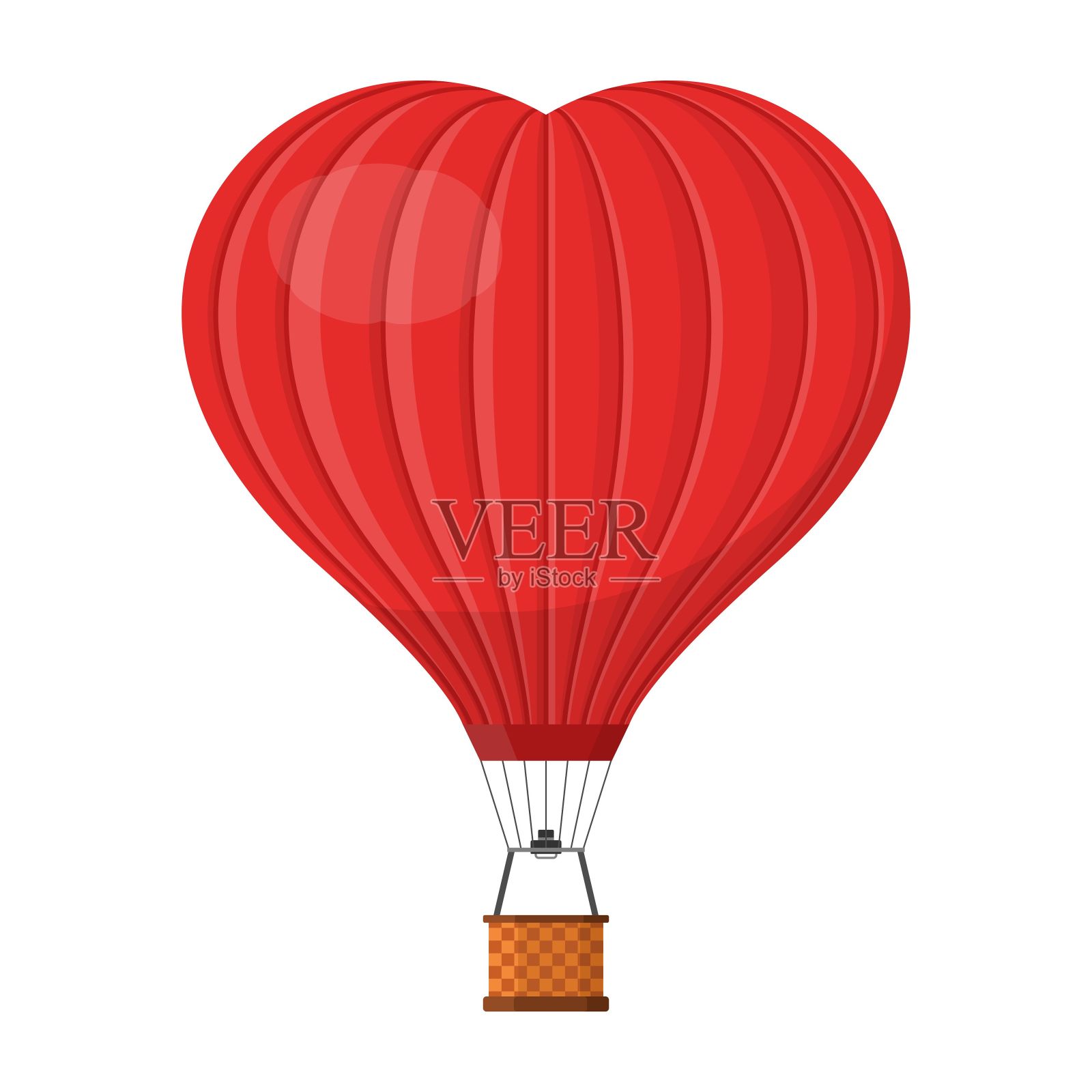 心形的热气球与篮子孤立在白色的背景，红色气球卡通气球旅行情人节，婚礼。插画图片素材