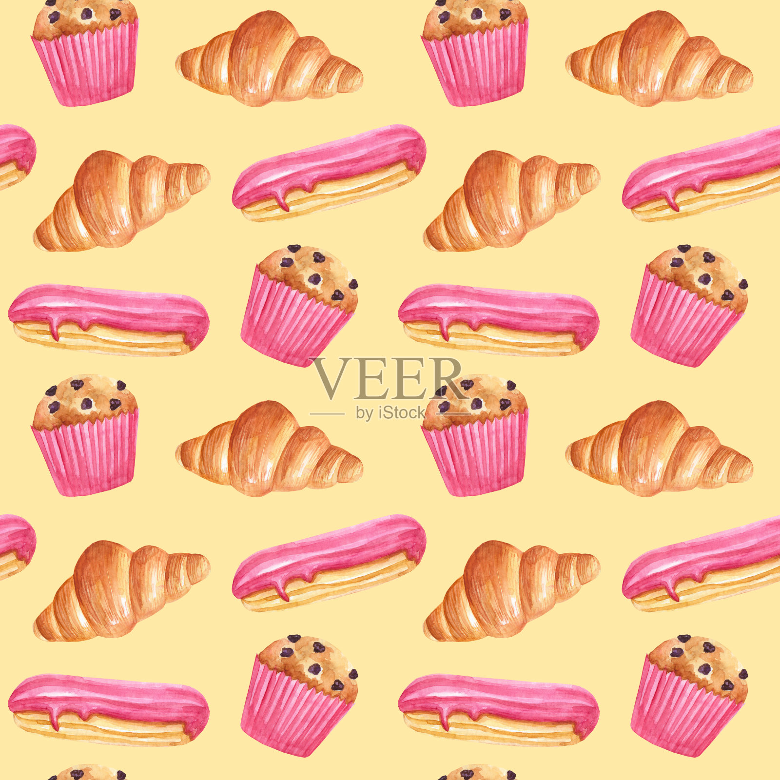 无缝图案的水彩甜点和糕点:蛋糕，糕点，泡芙，松饼。插画图片素材