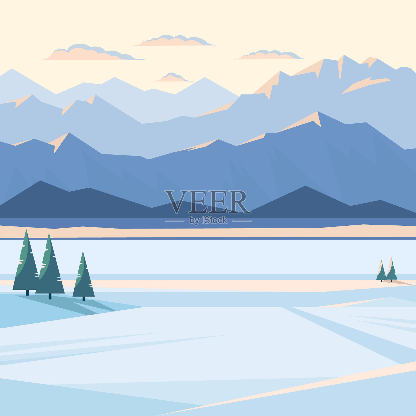 冬季日落和黎明的山景。插画图片素材