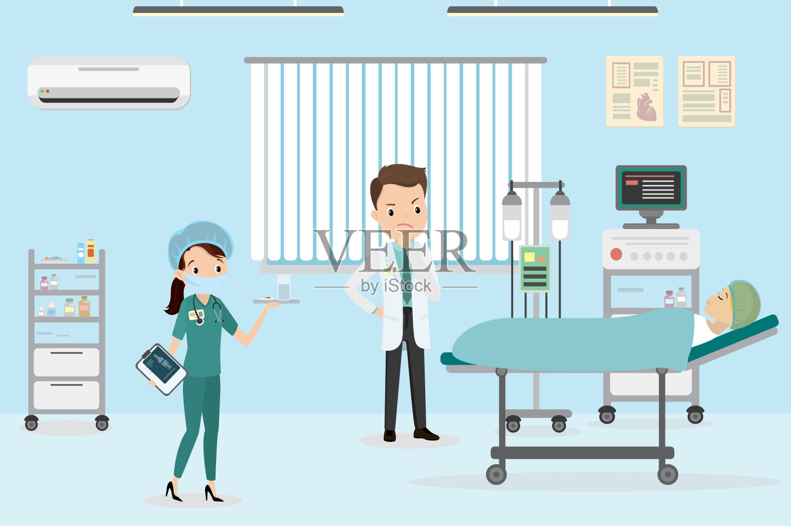 白种男医生和女护士在医务室插画图片素材