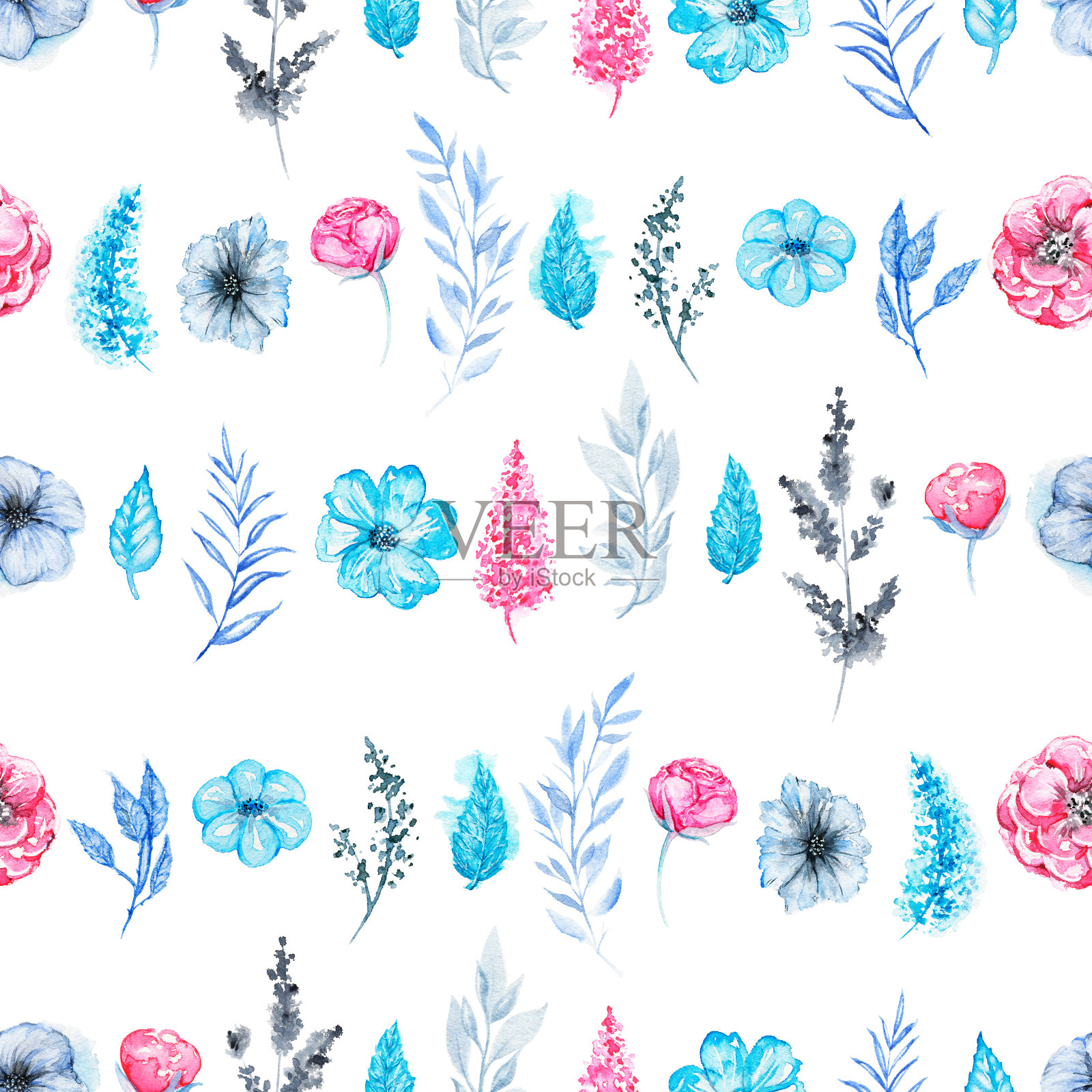 水彩无缝图案与粉红色的花和蓝色的叶子插画图片素材