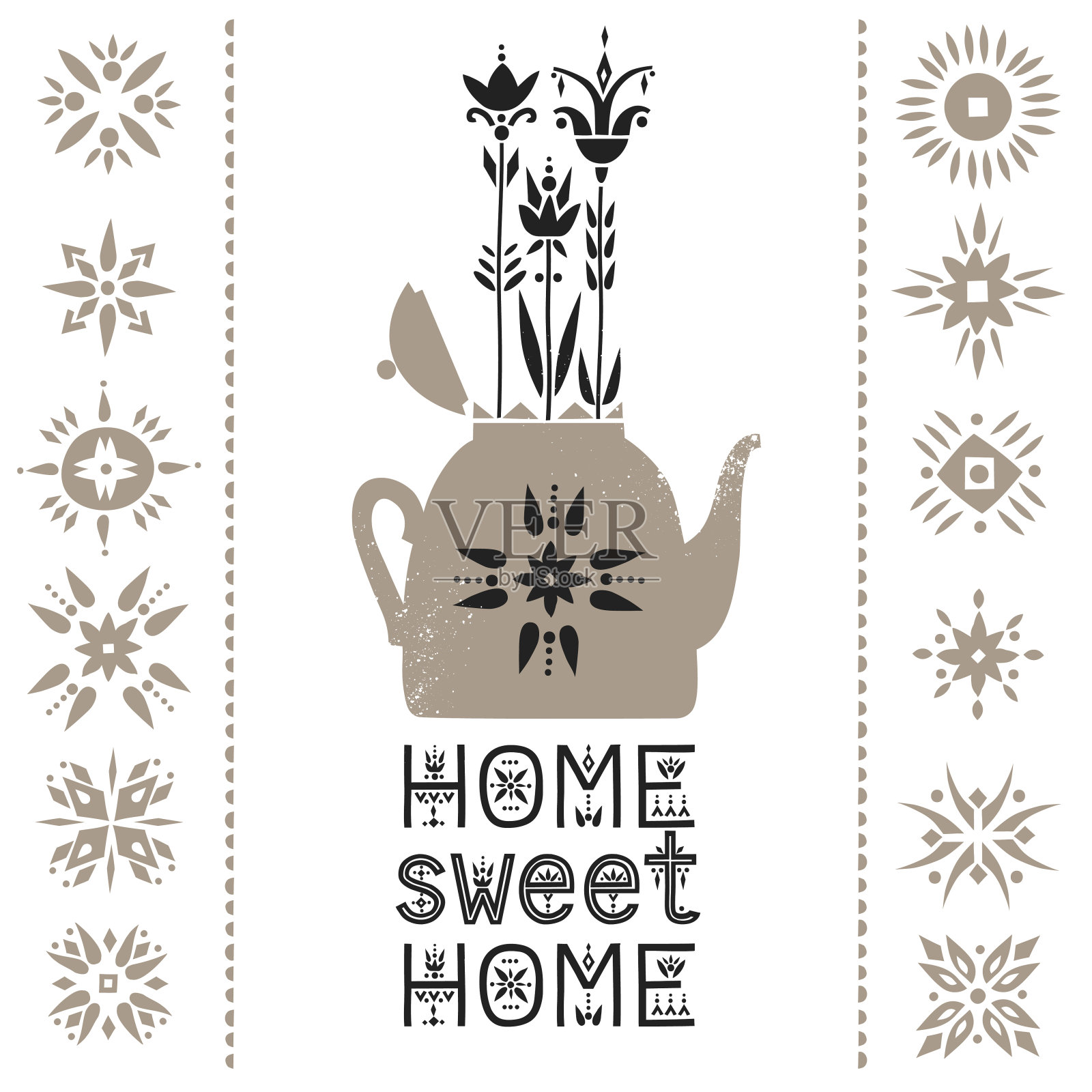 矢量插图与茶壶和种植花和字母家甜蜜的家。插画图片素材