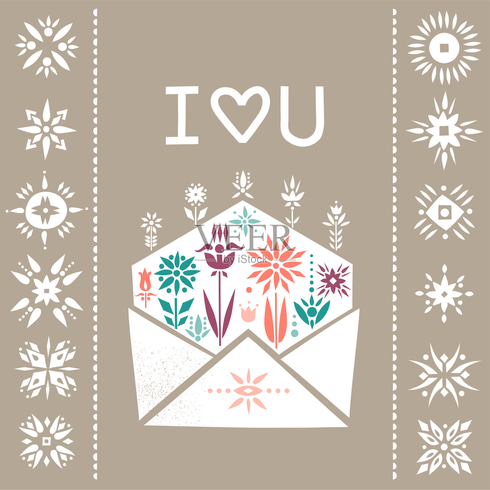 矢量方形情人节贺卡。打开装有鲜花的信封，上面写着“我爱你”。设计模板素材