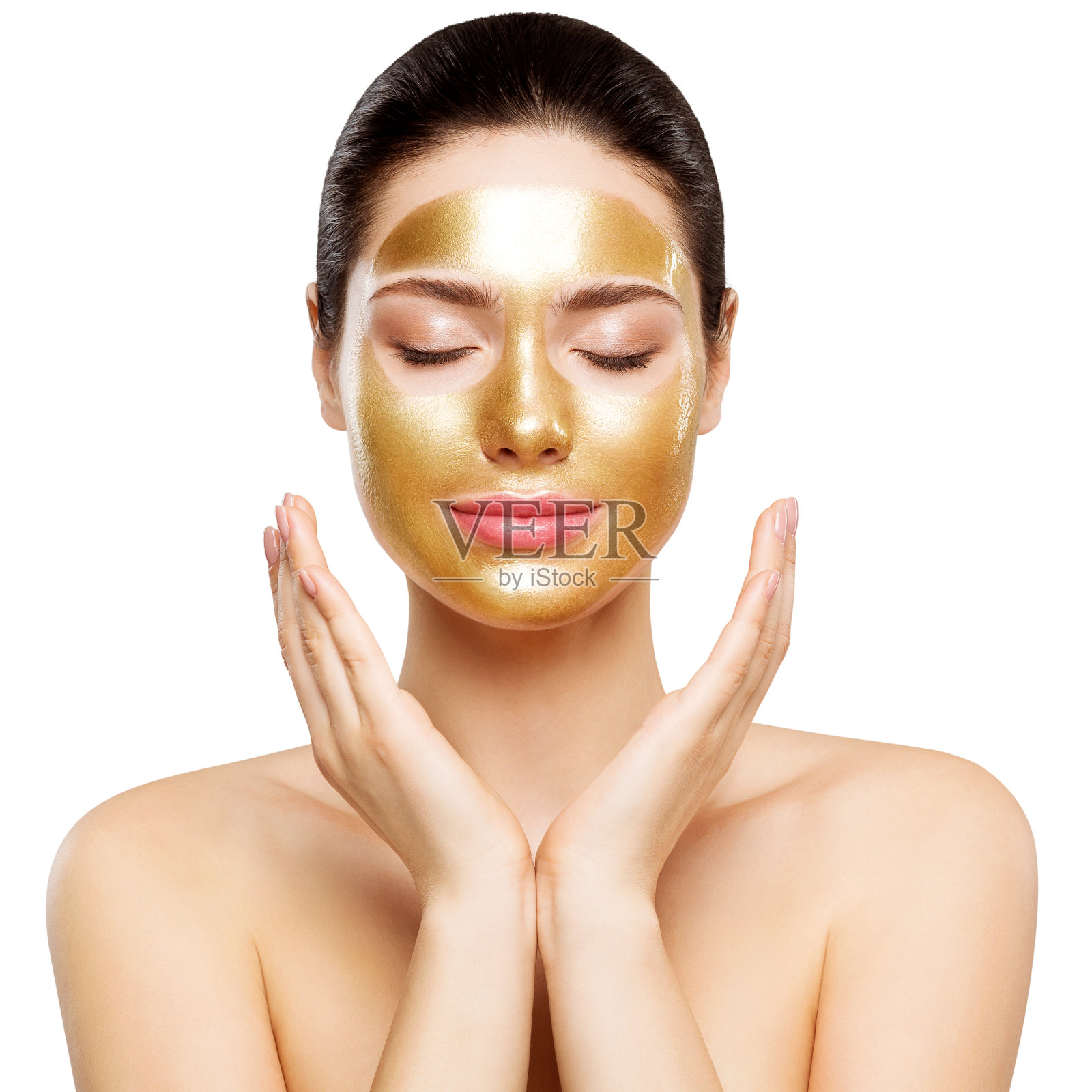 女人黄金面膜，美丽的模型与黄金皮肤化妆品，美丽的皮肤护理和治疗照片摄影图片