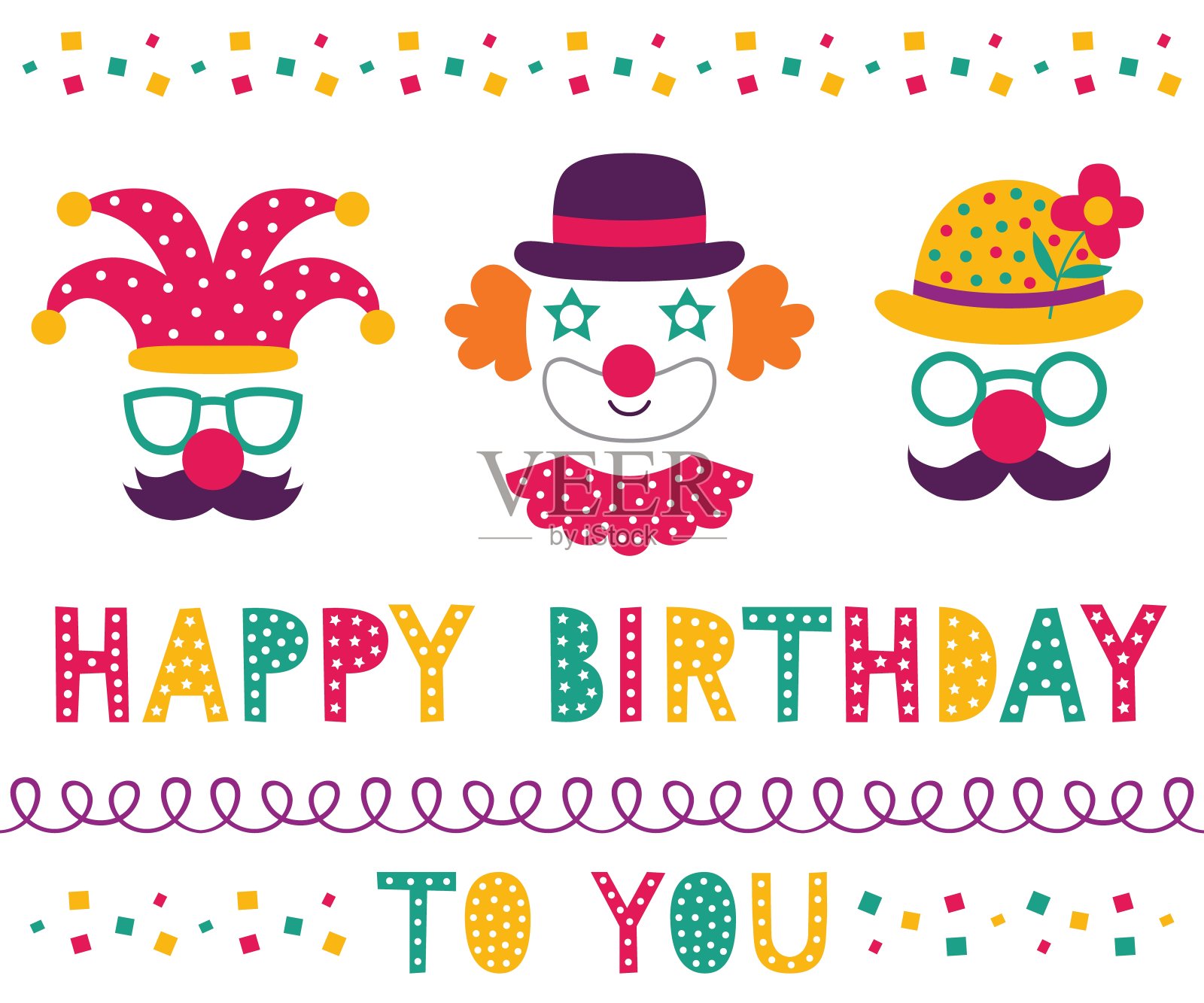 生日矢量集，小丑派对道具和字母插画图片素材
