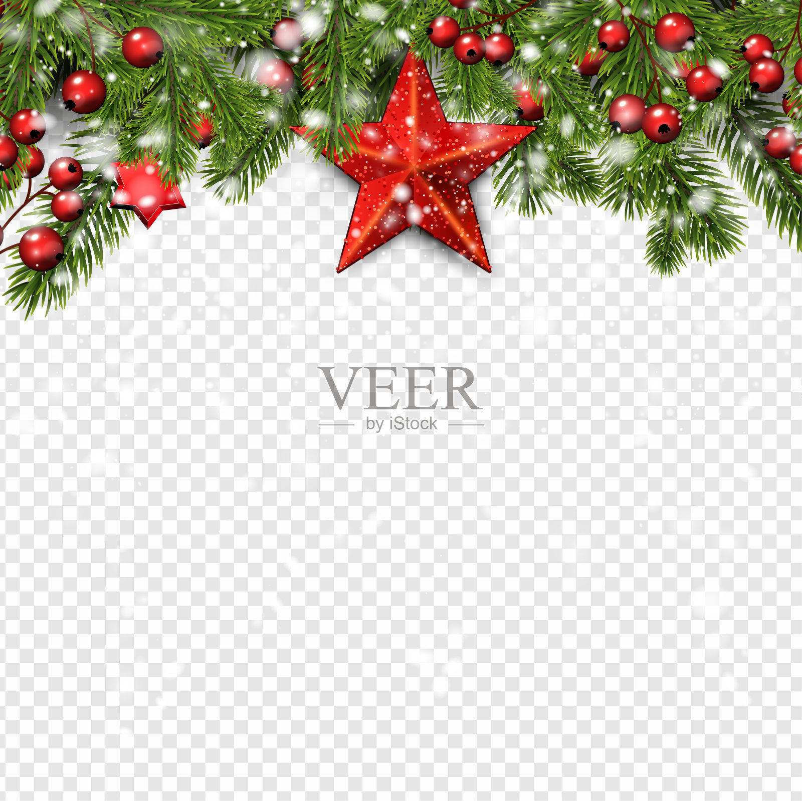 圣诞和新年卡片上有冷杉树枝，冬青浆果，雪和红星。插画图片素材