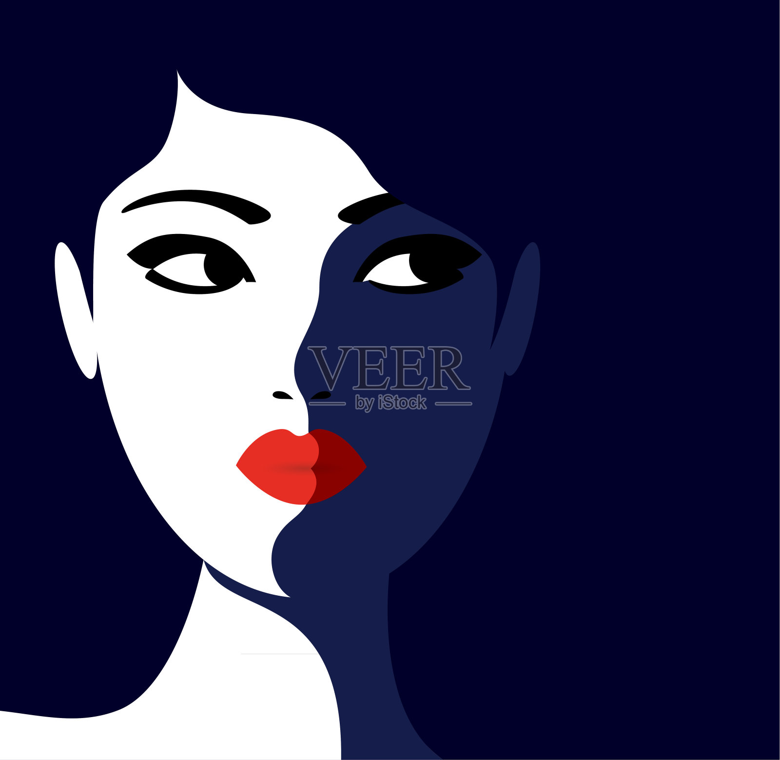 年轻的模特女人与红色的口红和蓝色的背景矢量插图海报。插画图片素材