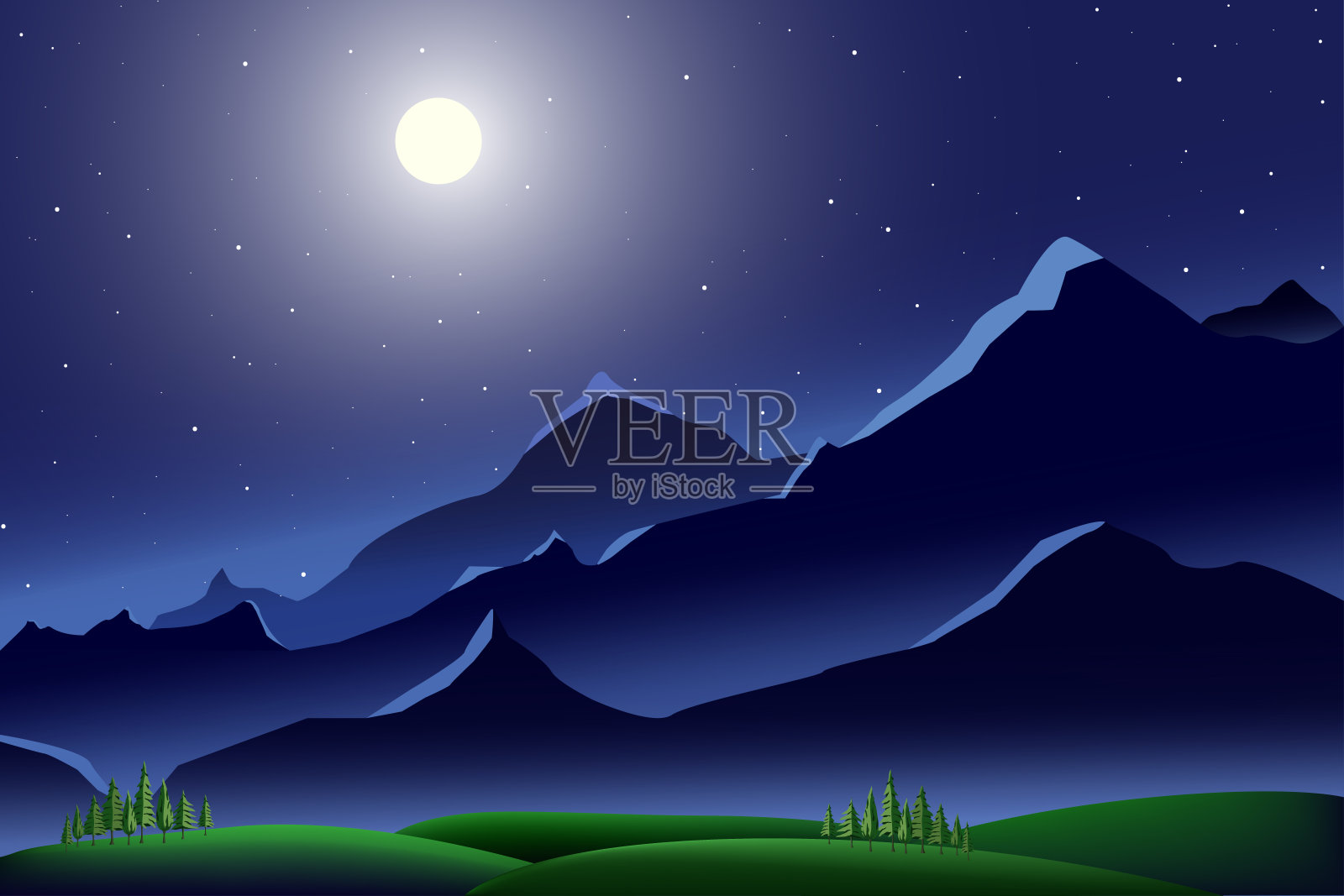 夜山景观星空与美丽的满月和草地，松树，矢插画图片素材
