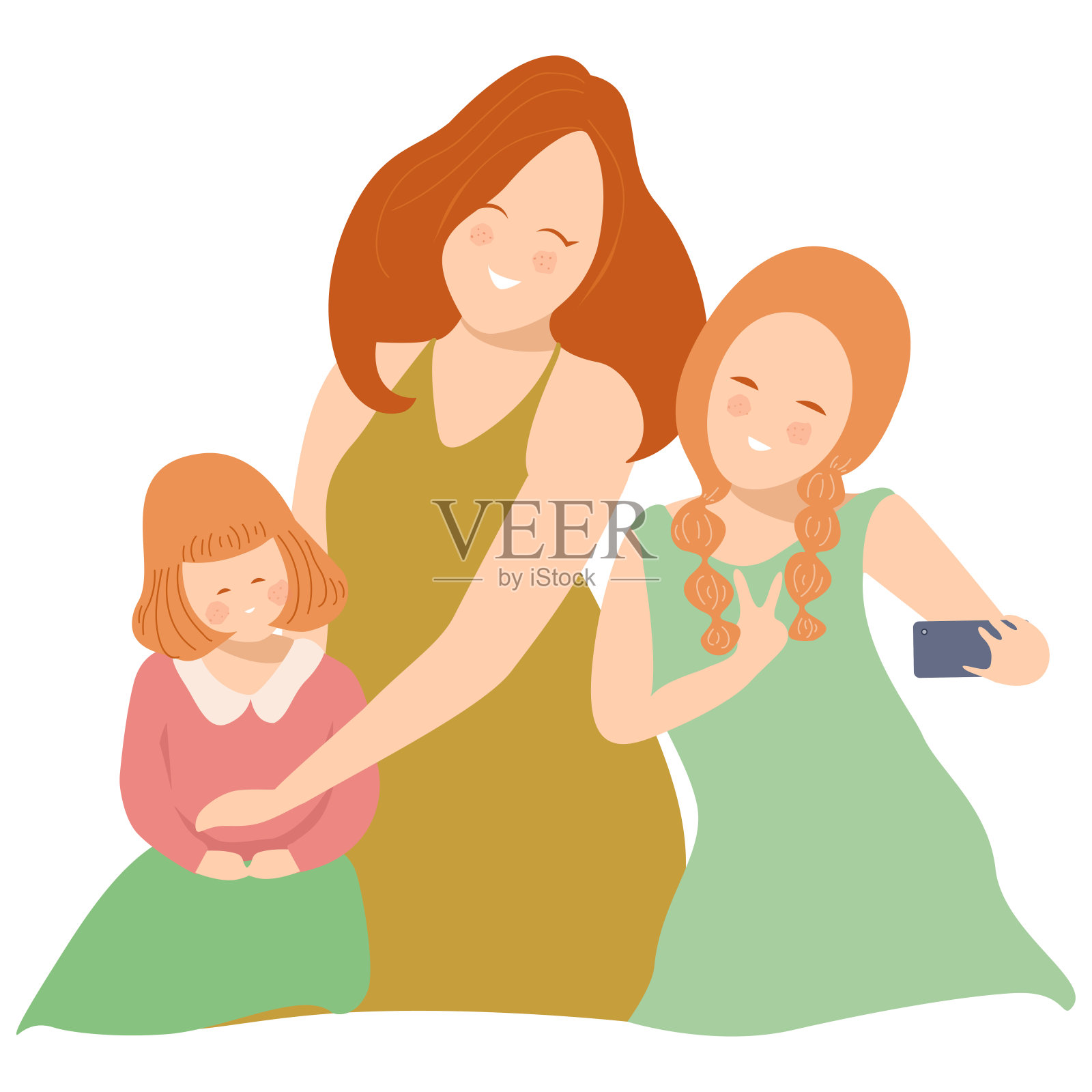 母亲和她的孩子在用智能手机自拍，母亲节的概念向量插画图片素材
