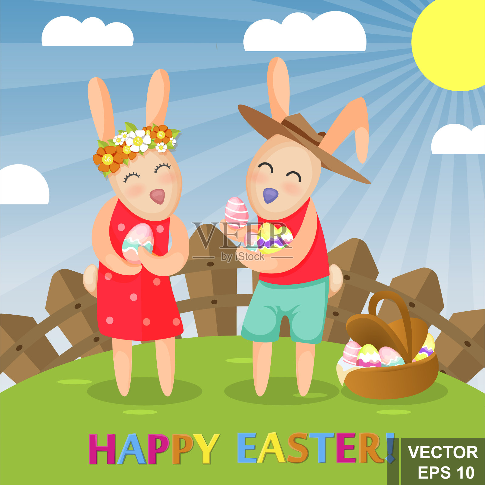 复活节快乐。兔子。鸡蛋。卡通风格。明亮。的情绪。为你设计插画图片素材