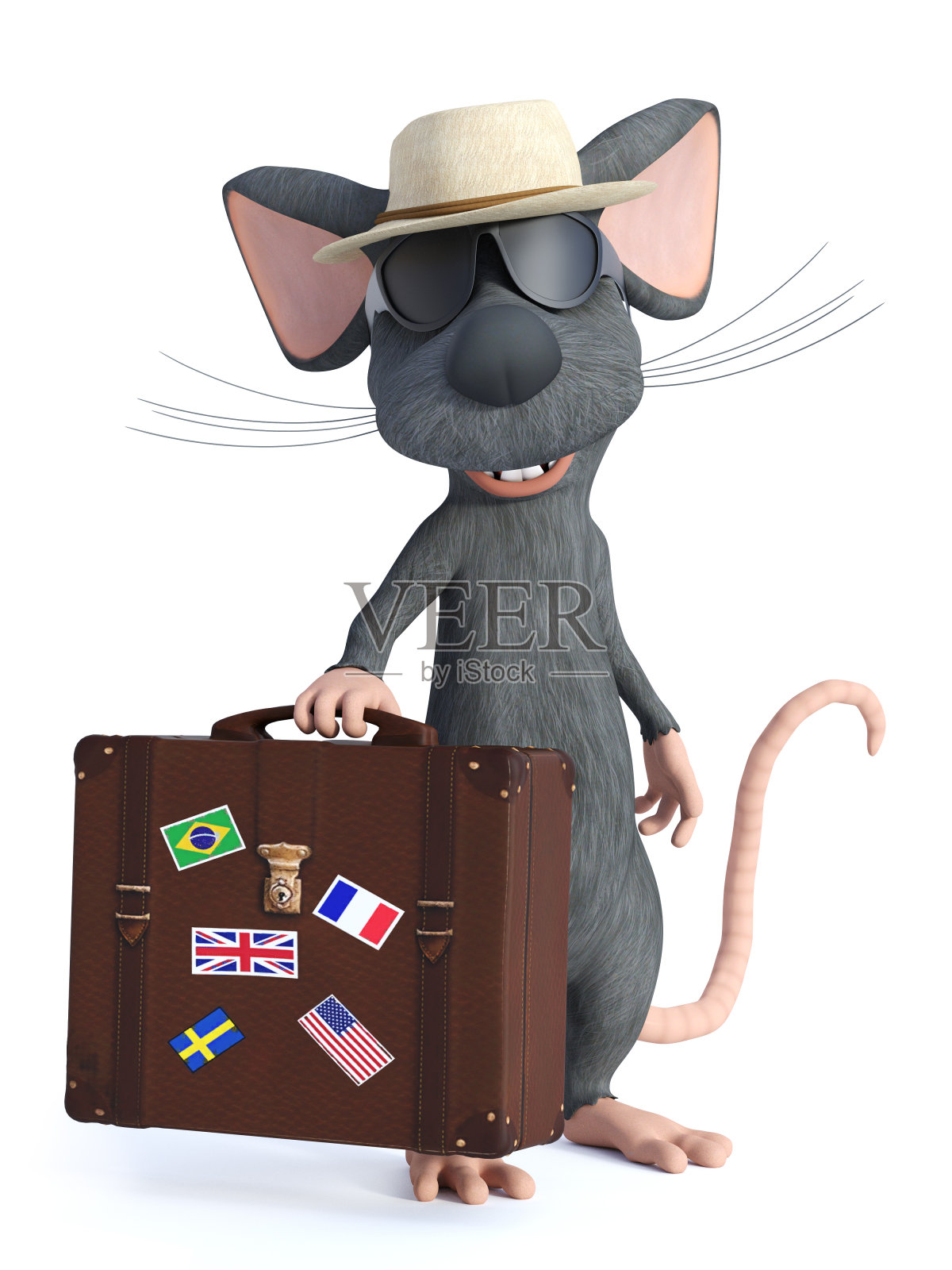 一个卡通老鼠游客拿着旅行箱的3D渲染。照片摄影图片