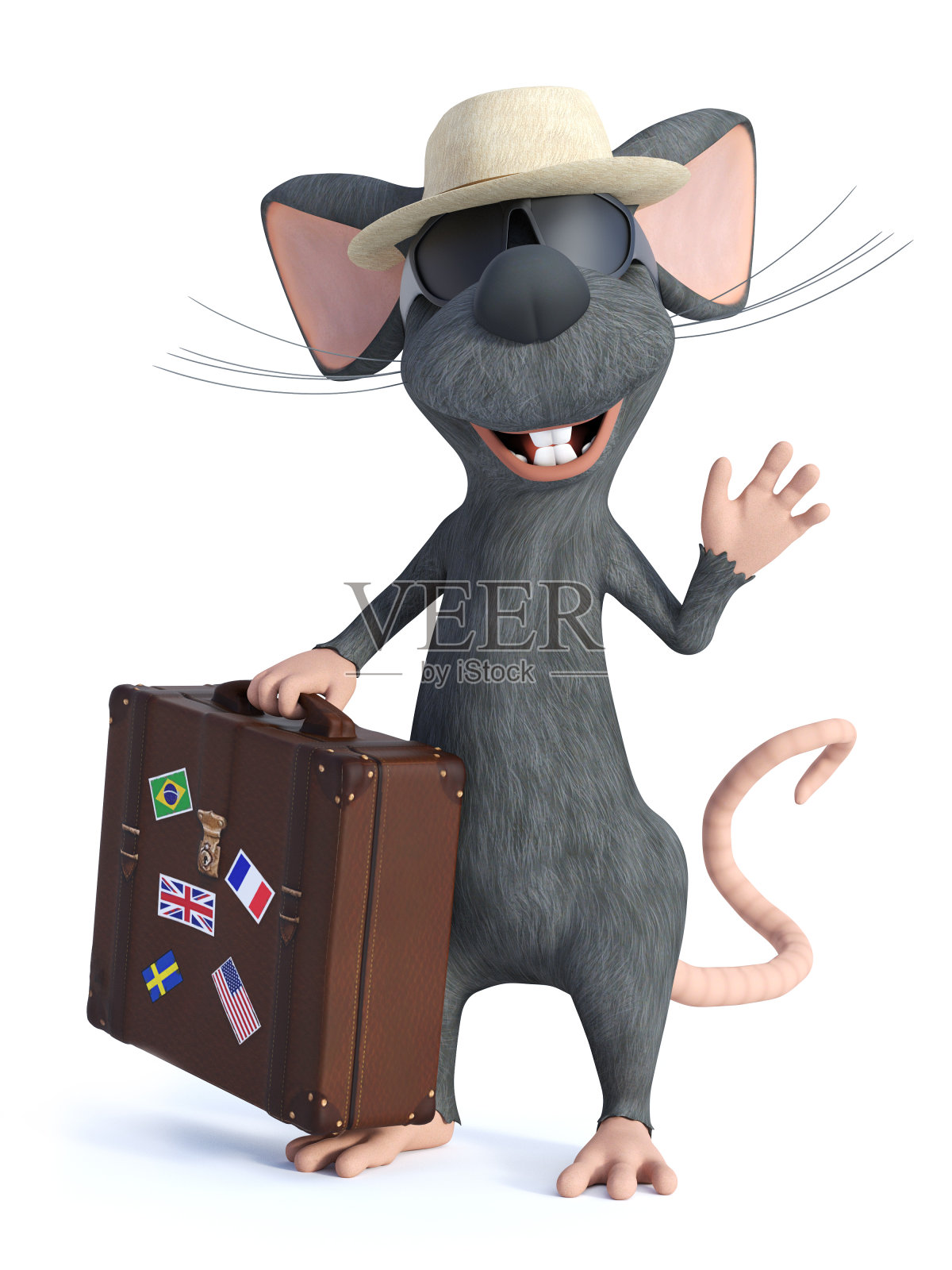 一个卡通老鼠游客拿着旅行箱的3D渲染。照片摄影图片