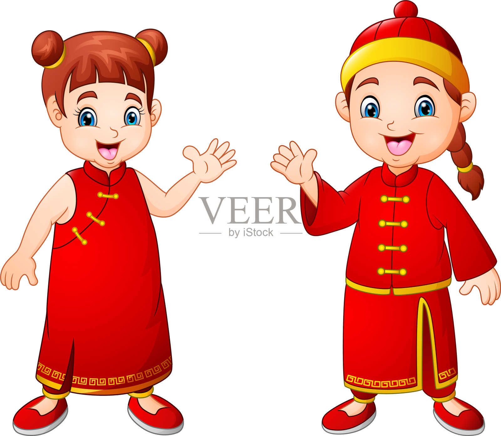 卡通可爱的男孩和女孩在中国服装插画图片素材