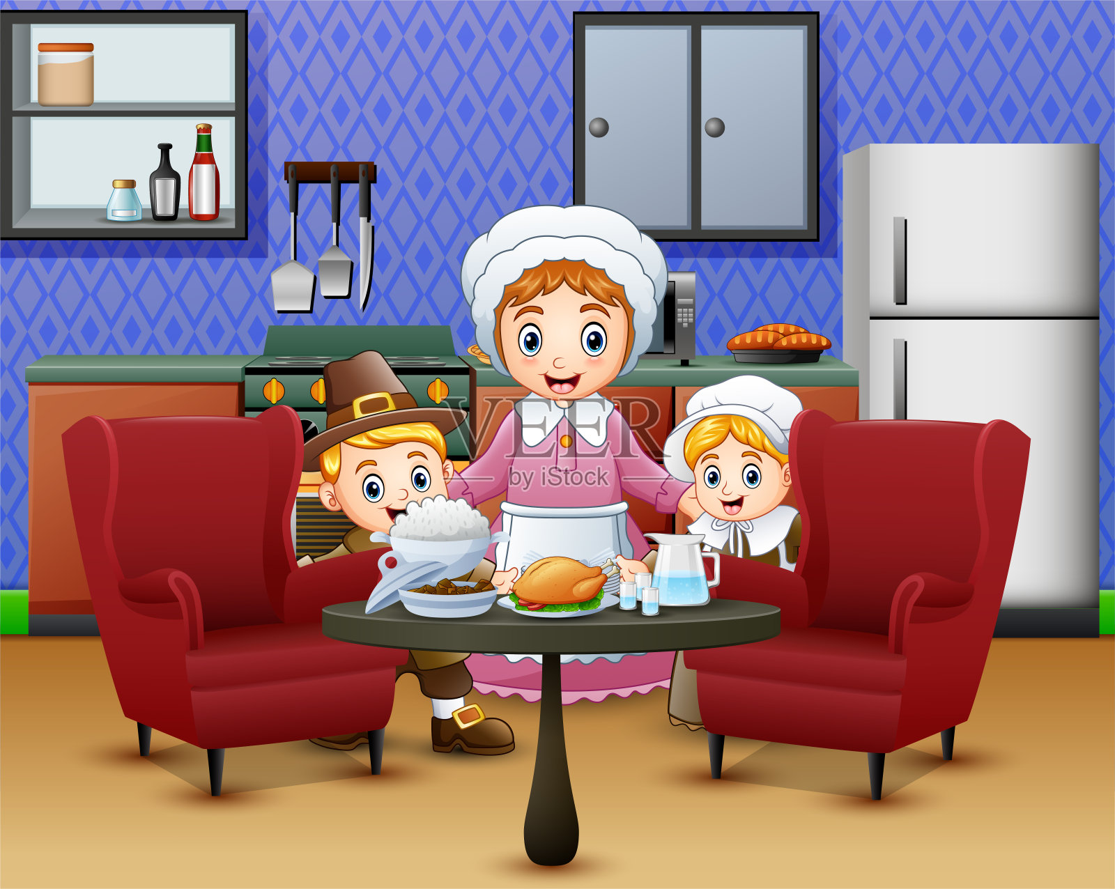 快乐的孩子和妈妈在餐桌上靠近食物插画图片素材